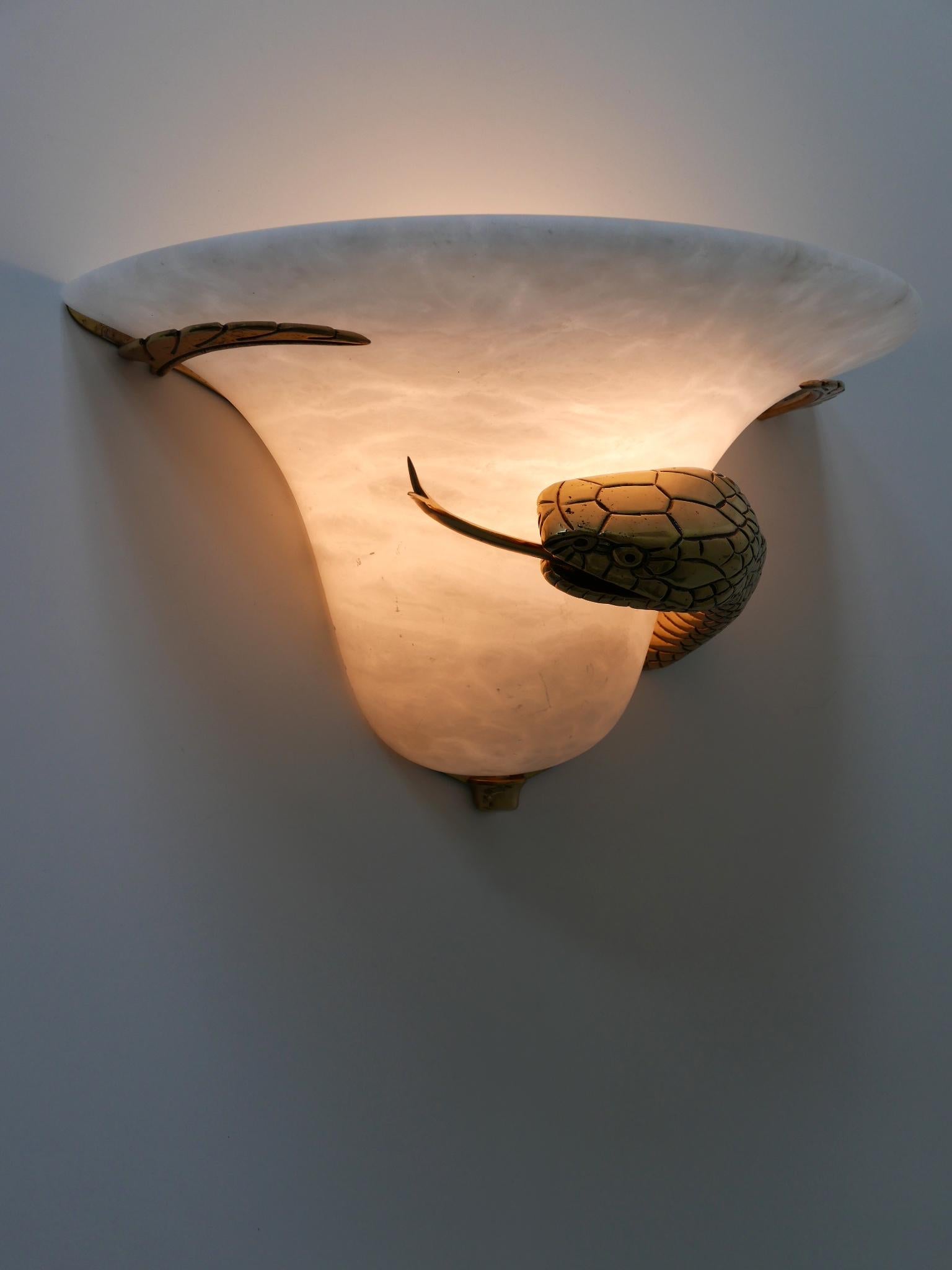 Large Exceptional Cast Brass & Alabaster Snake Sconce or Wall Lamp, Italy, 1970s 2