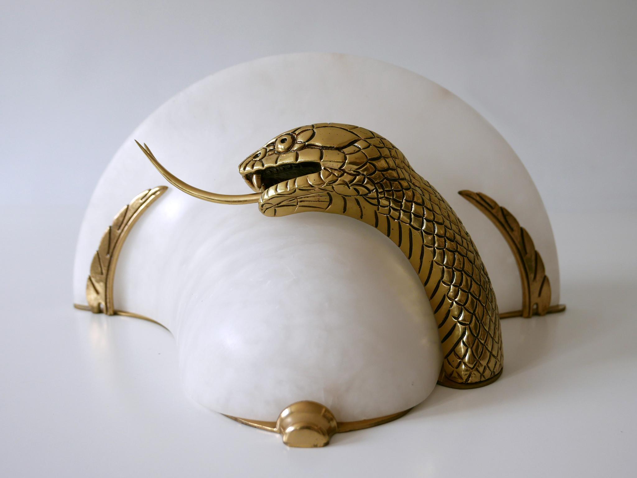 Large Exceptional Cast Brass & Alabaster Snake Sconce or Wall Lamp, Italy, 1970s 3