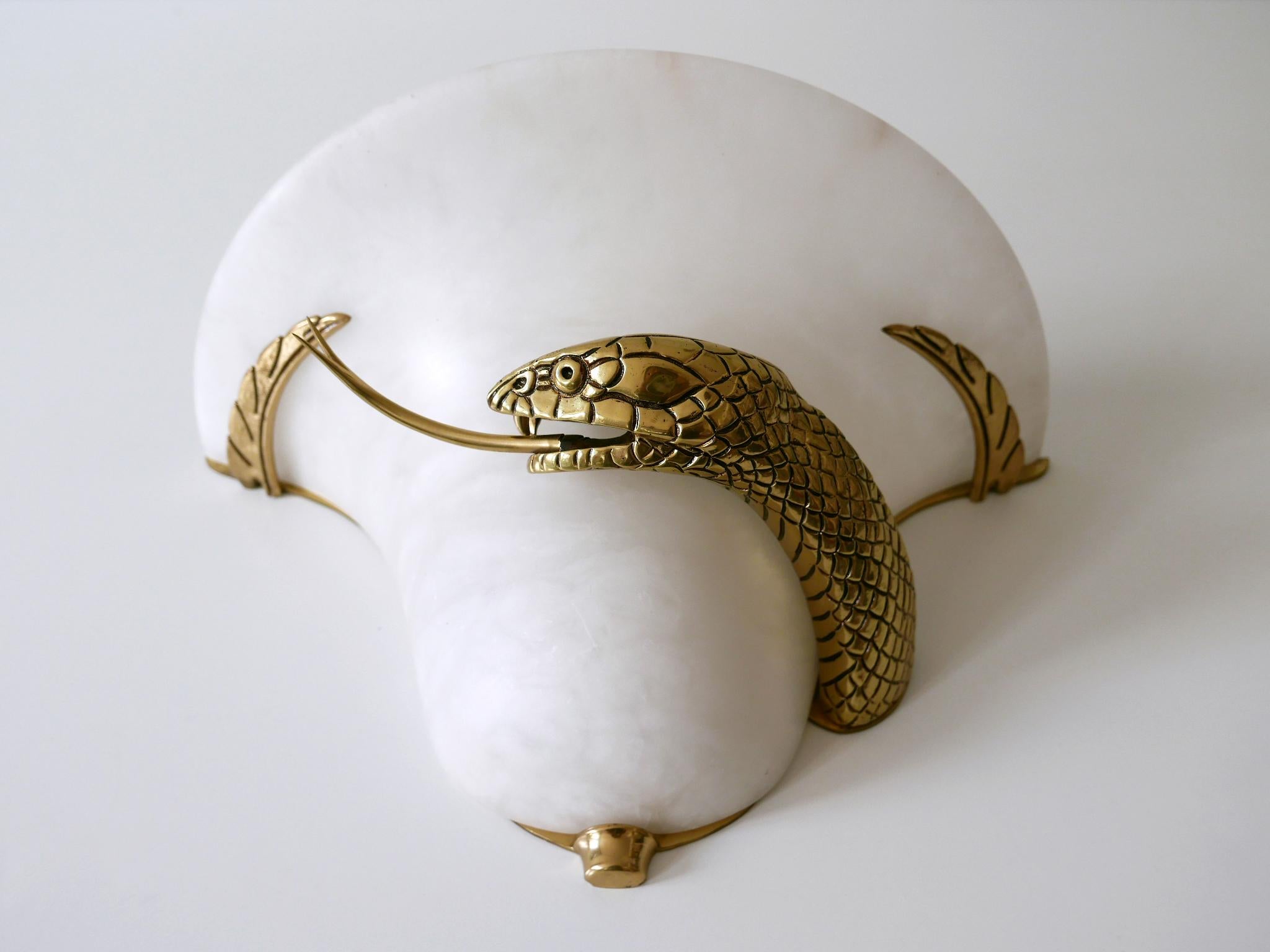 Large Exceptional Cast Brass & Alabaster Snake Sconce or Wall Lamp, Italy, 1970s 4