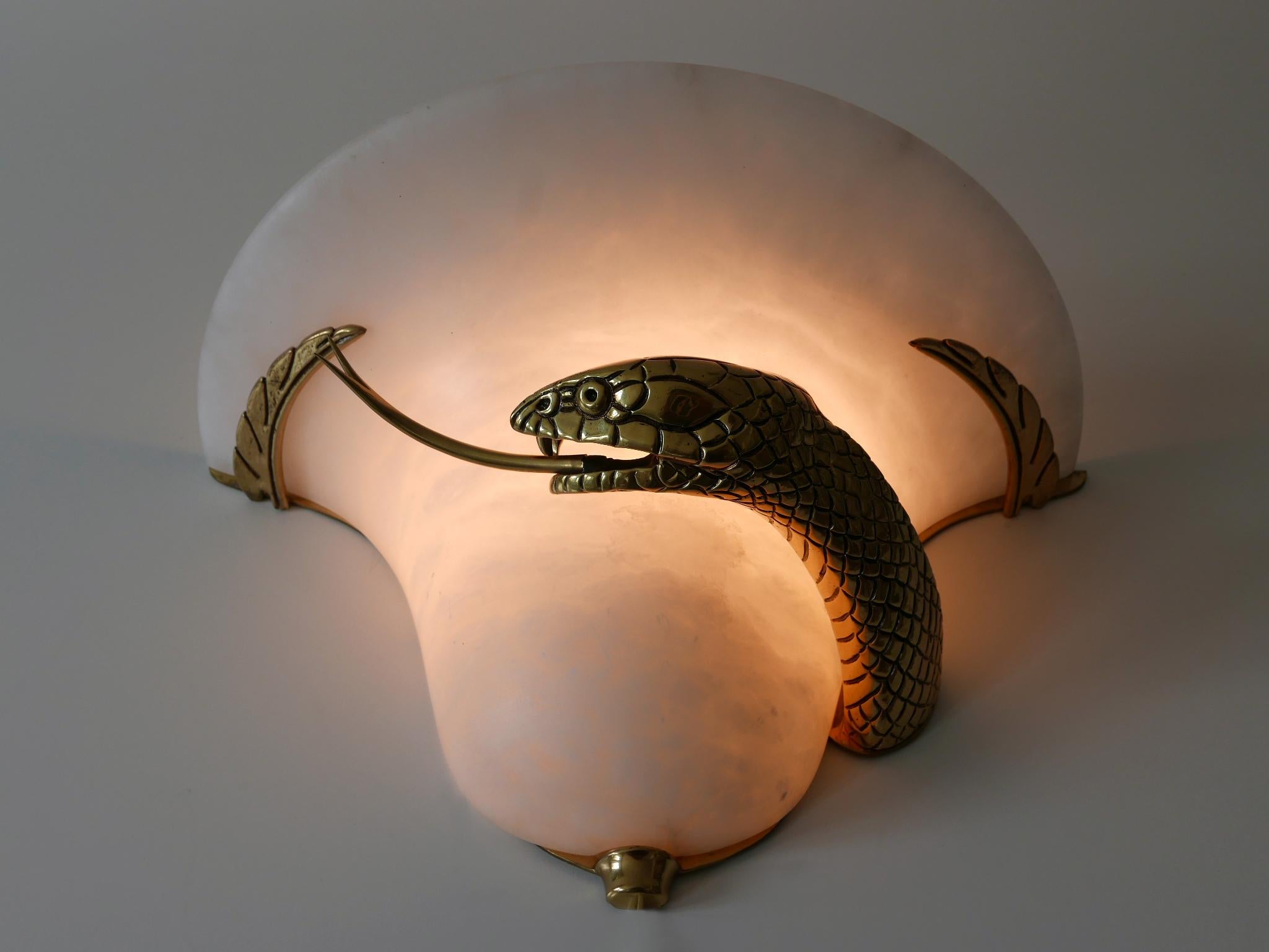 Large Exceptional Cast Brass & Alabaster Snake Sconce or Wall Lamp, Italy, 1970s 5