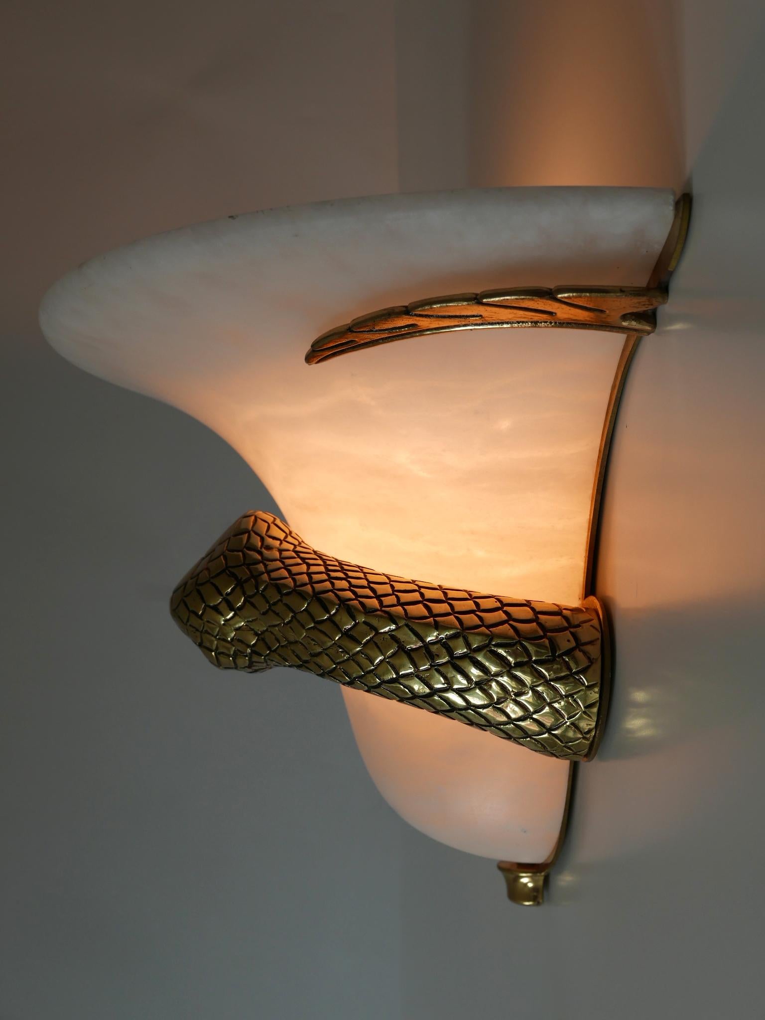 Mid-Century Modern Large Exceptional Cast Brass & Alabaster Snake Sconce or Wall Lamp, Italy, 1970s