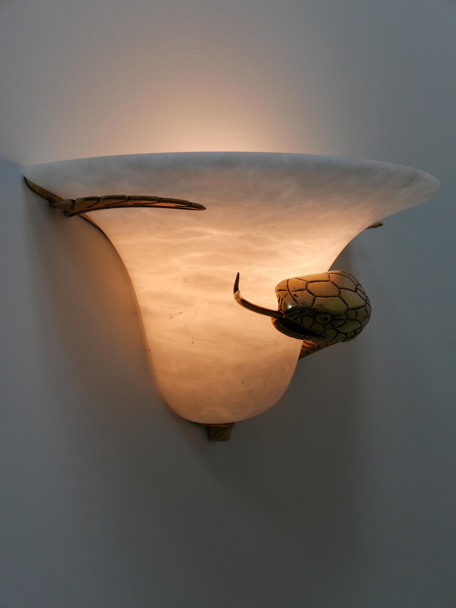 Large Exceptional Cast Brass & Alabaster Snake Sconce or Wall Lamp, Italy, 1970s In Good Condition In Munich, DE