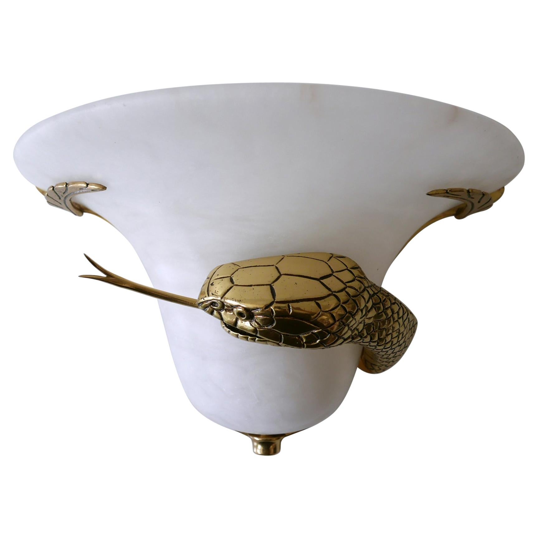 Large Exceptional Cast Brass & Alabaster Snake Sconce or Wall Lamp, Italy, 1970s