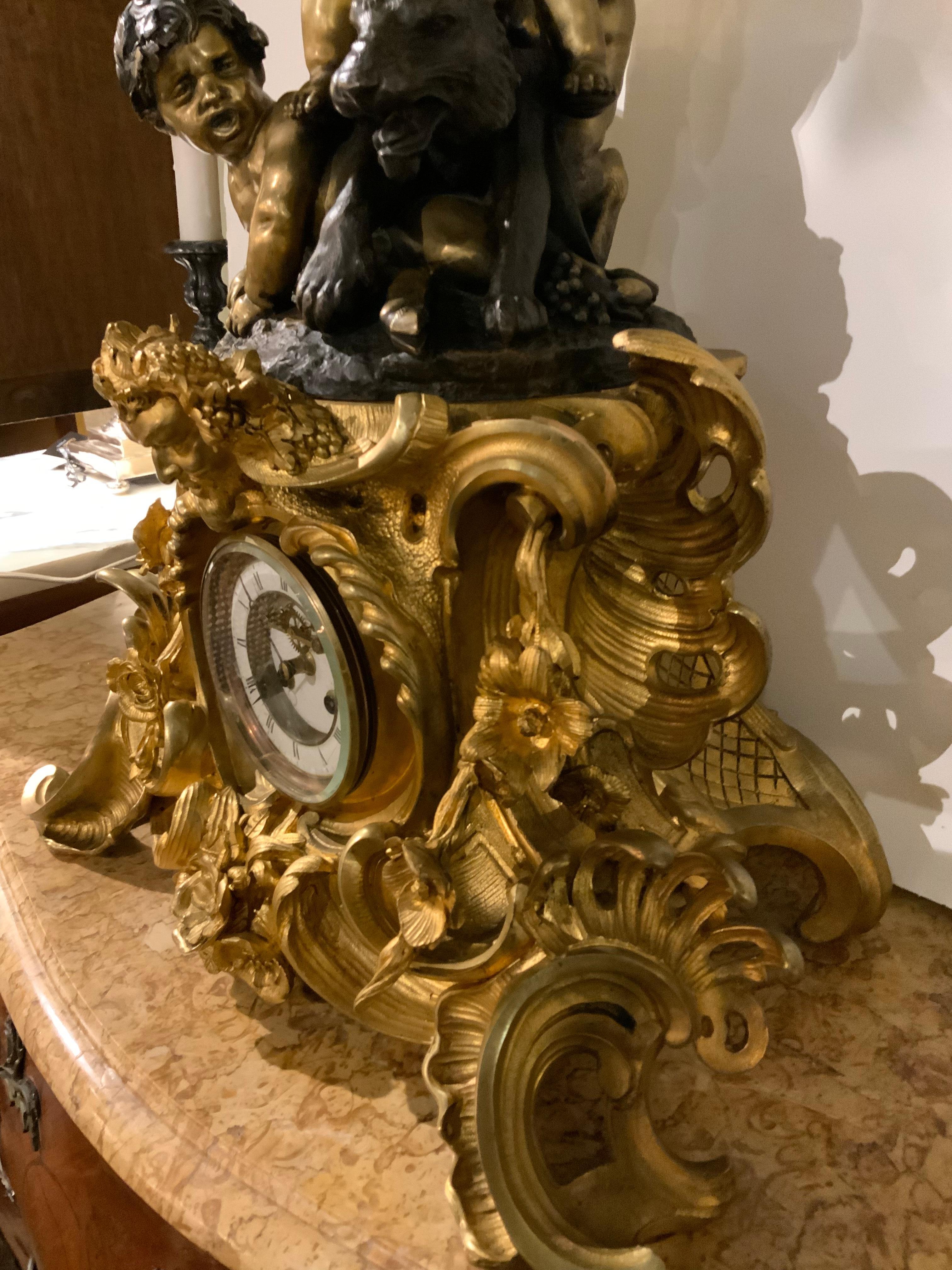 Large Exceptional French Bronze Dore Clock with Sculpture After Charles Anfrie In Good Condition In Houston, TX