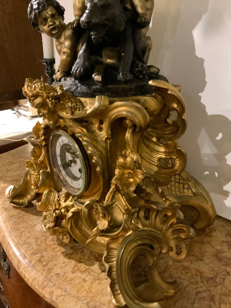 Large Exceptional French Bronze Dore Clock with Sculpture After Charles Anfrie In Good Condition For Sale In Houston, TX
