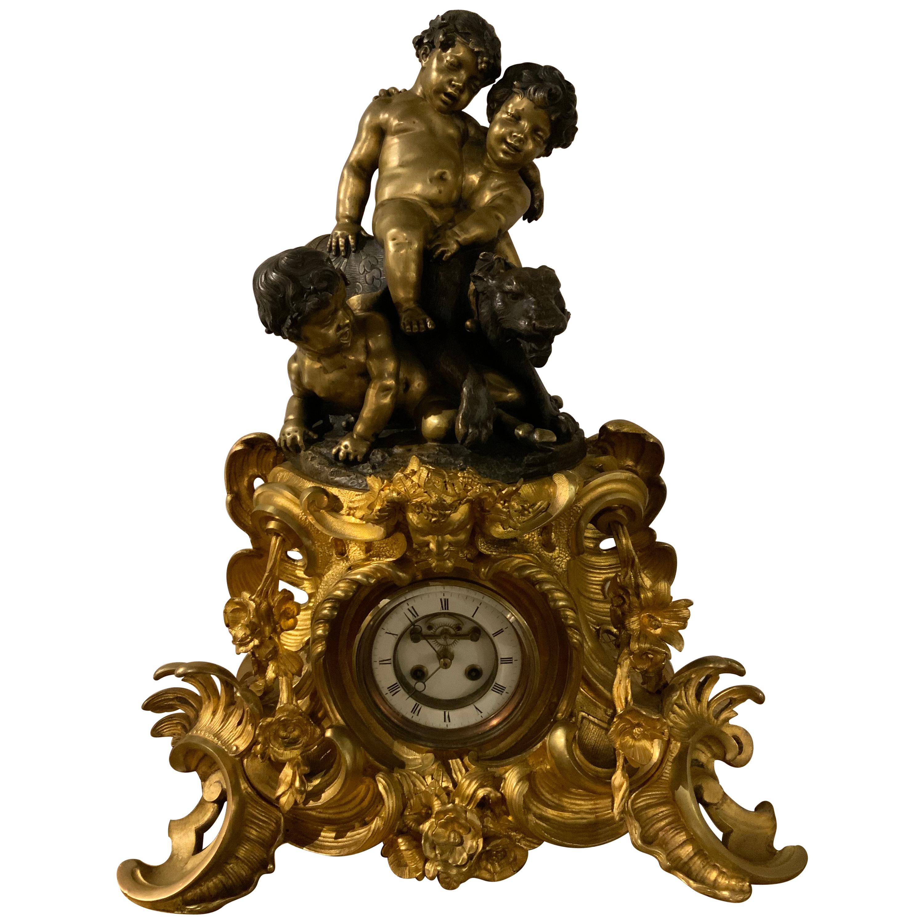 Large Exceptional French Bronze Dore Clock with Sculpture After Charles Anfrie