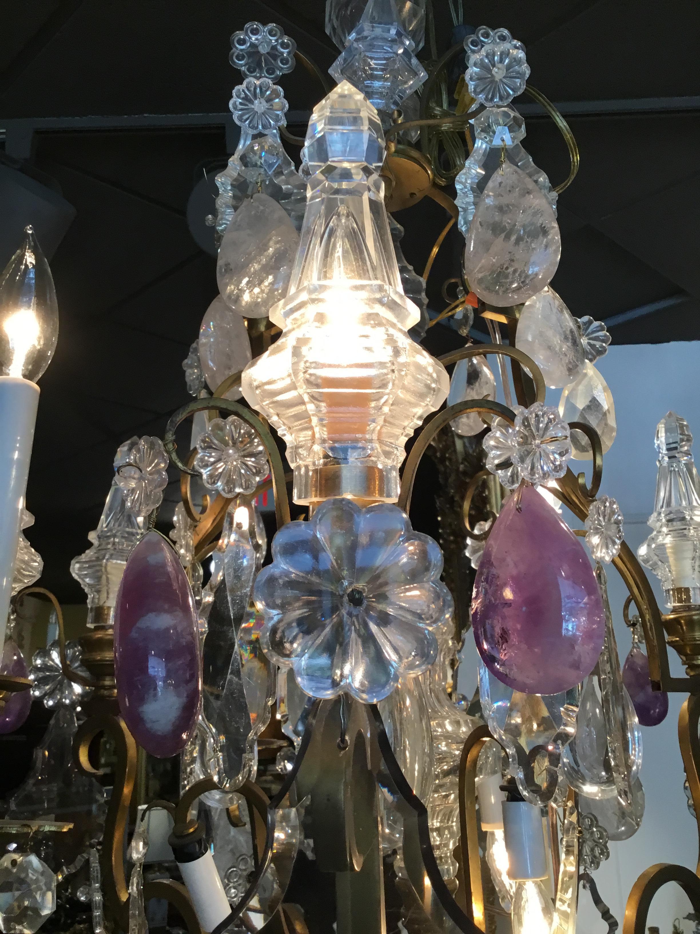 French Large Exceptional Gilt Bronze Chandelier, with Rock, Clear, Amethyst Crystals For Sale