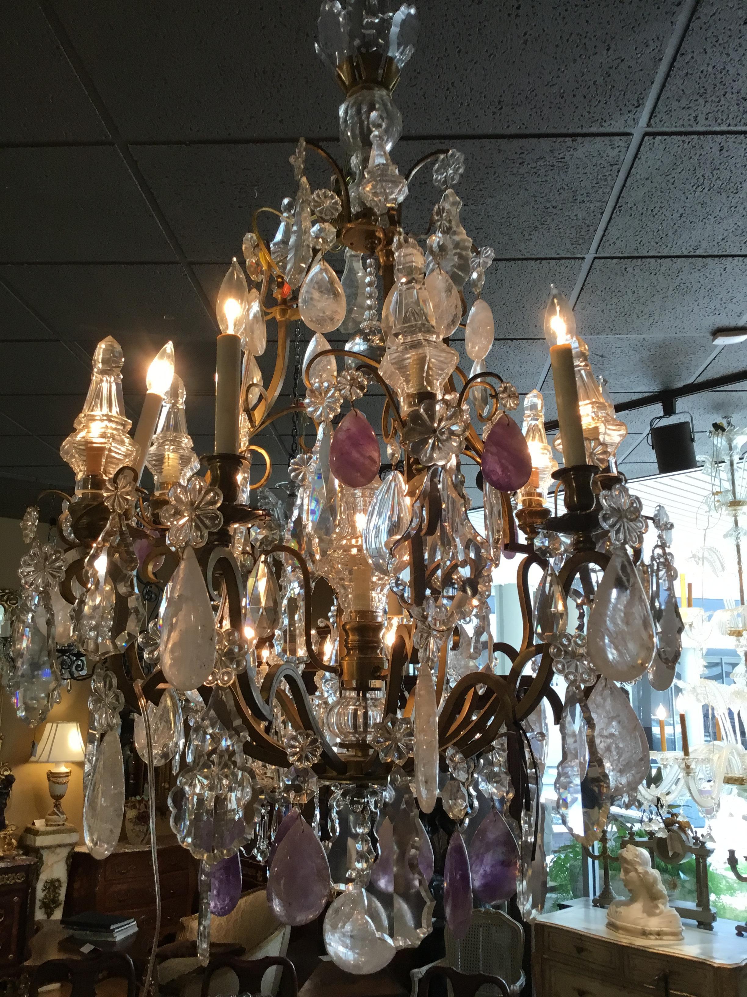 Large Exceptional Gilt Bronze Chandelier, with Rock, Clear, Amethyst Crystals In Good Condition For Sale In Houston, TX