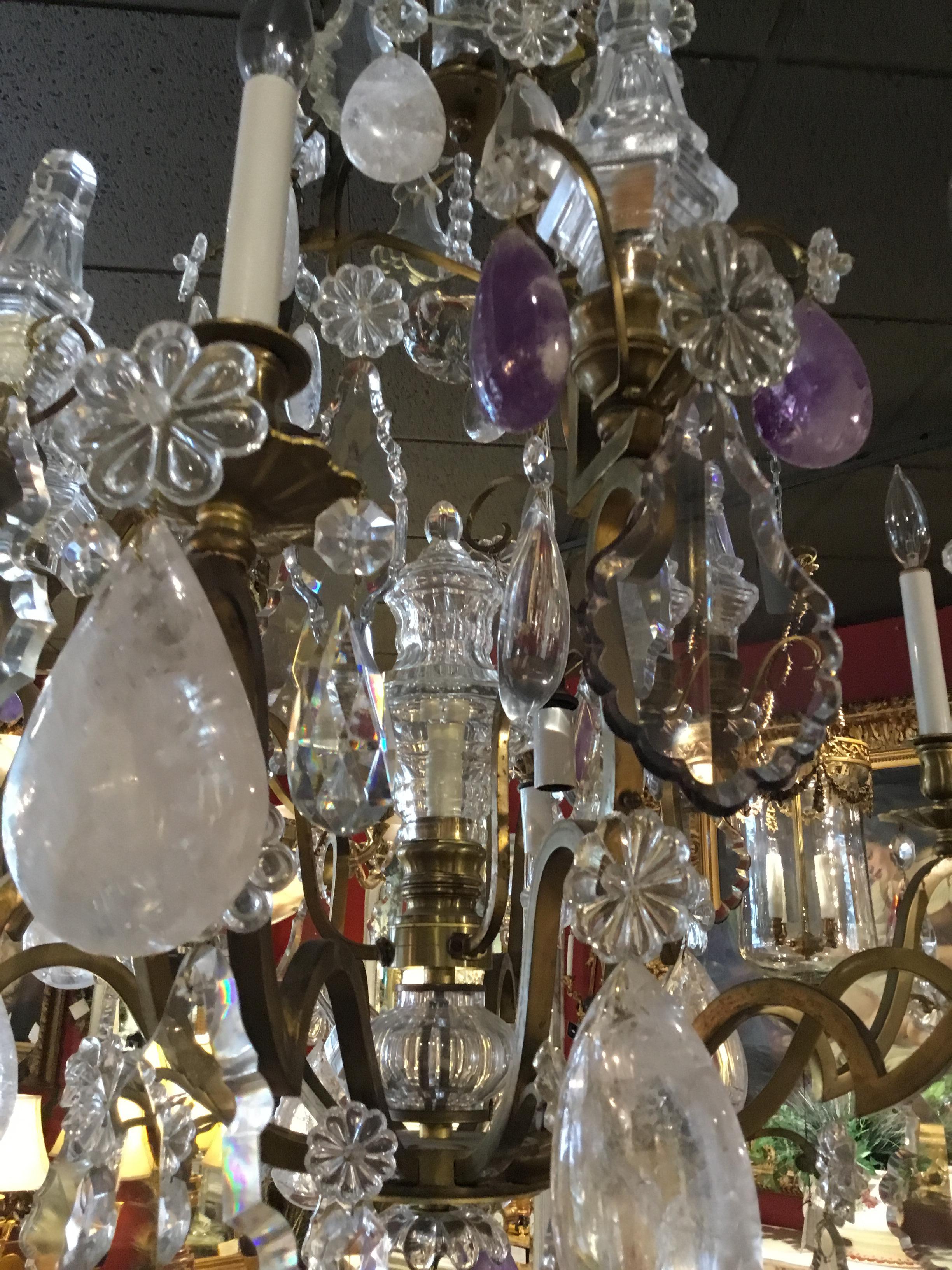 French Large Exceptional Gilt Bronze Chandelier, with Rock, Clear, Amethyst Crystals For Sale