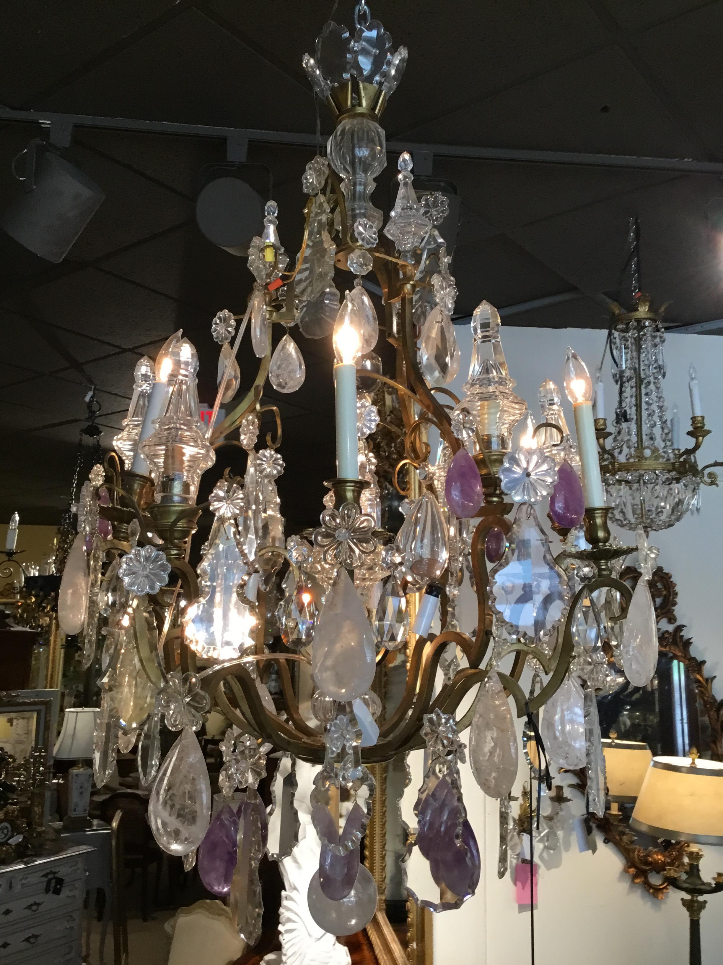Large Exceptional Gilt Bronze Chandelier, with Rock, Clear, Amethyst Crystals In Good Condition For Sale In Houston, TX