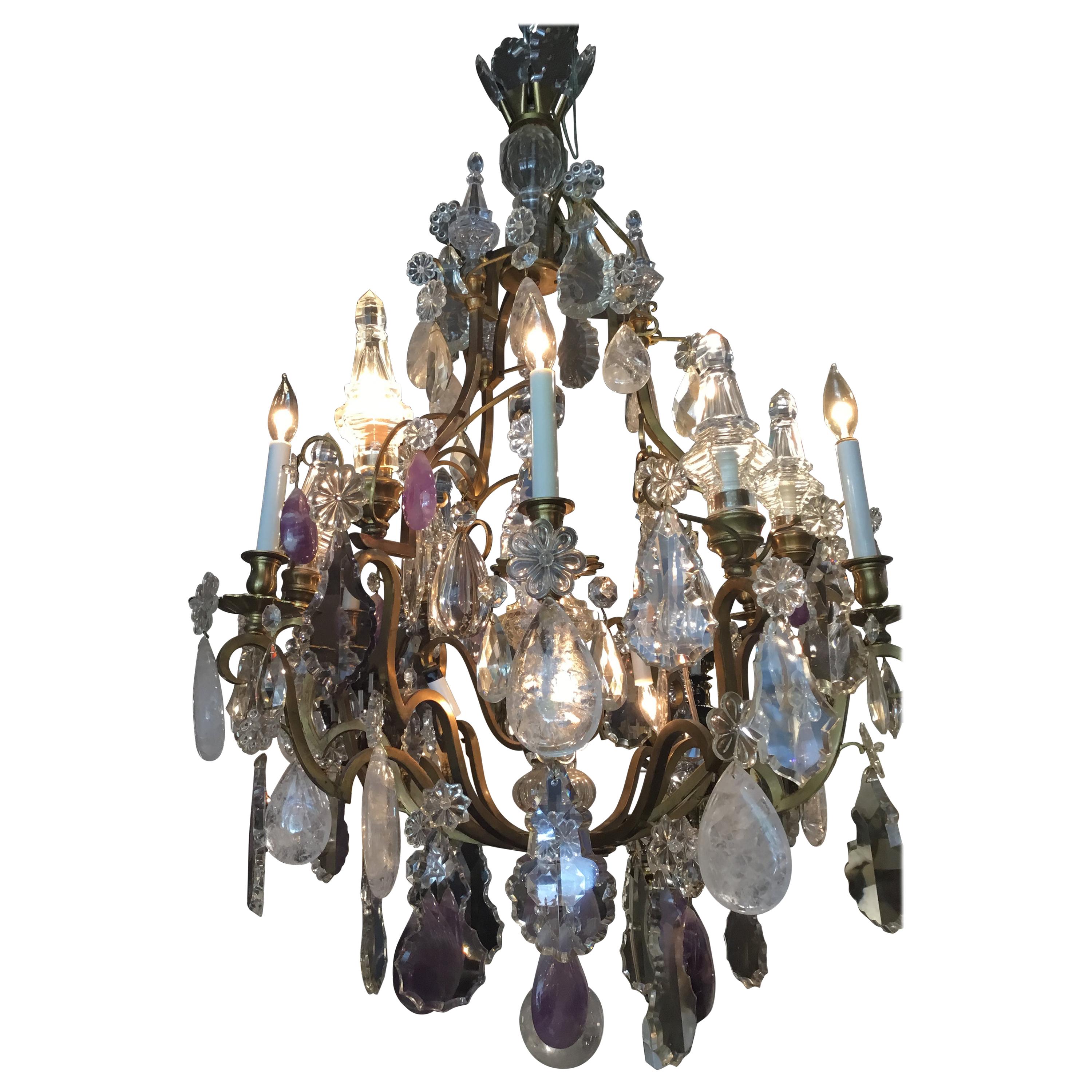 Large Exceptional Gilt Bronze Chandelier, with Rock, Clear, Amethyst Crystals