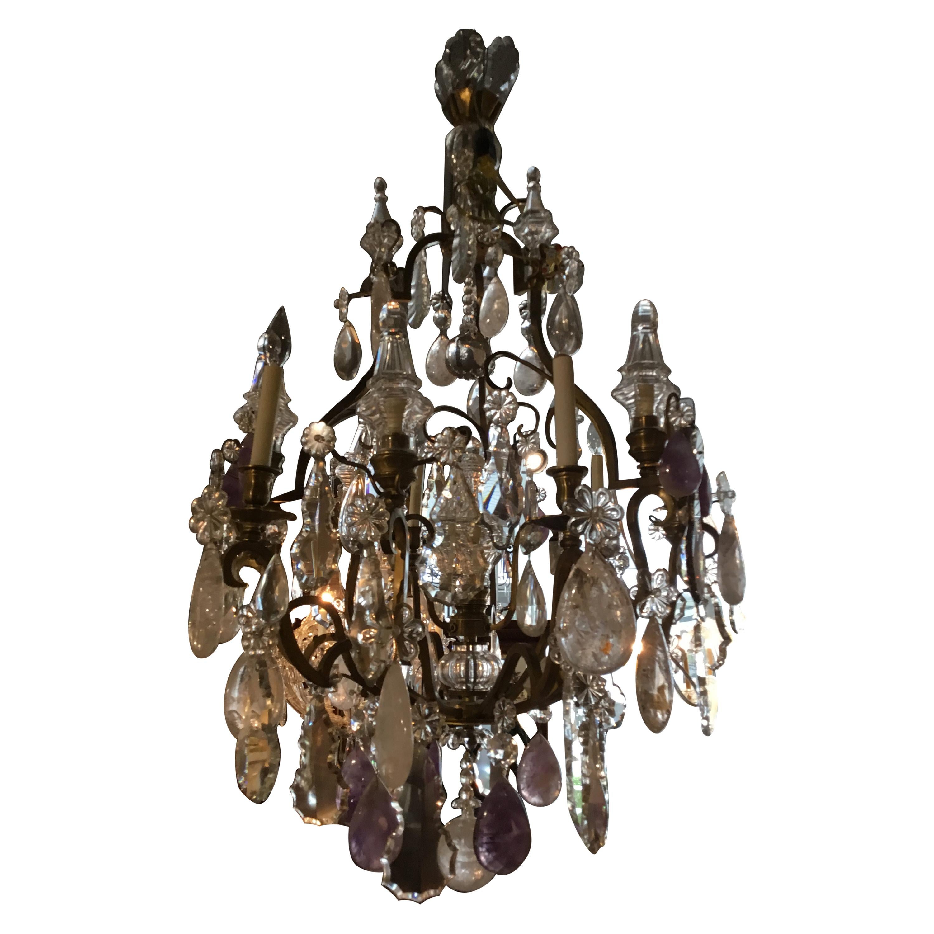 Large Exceptional Gilt Bronze Chandelier, with Rock, Clear, Amethyst Crystals