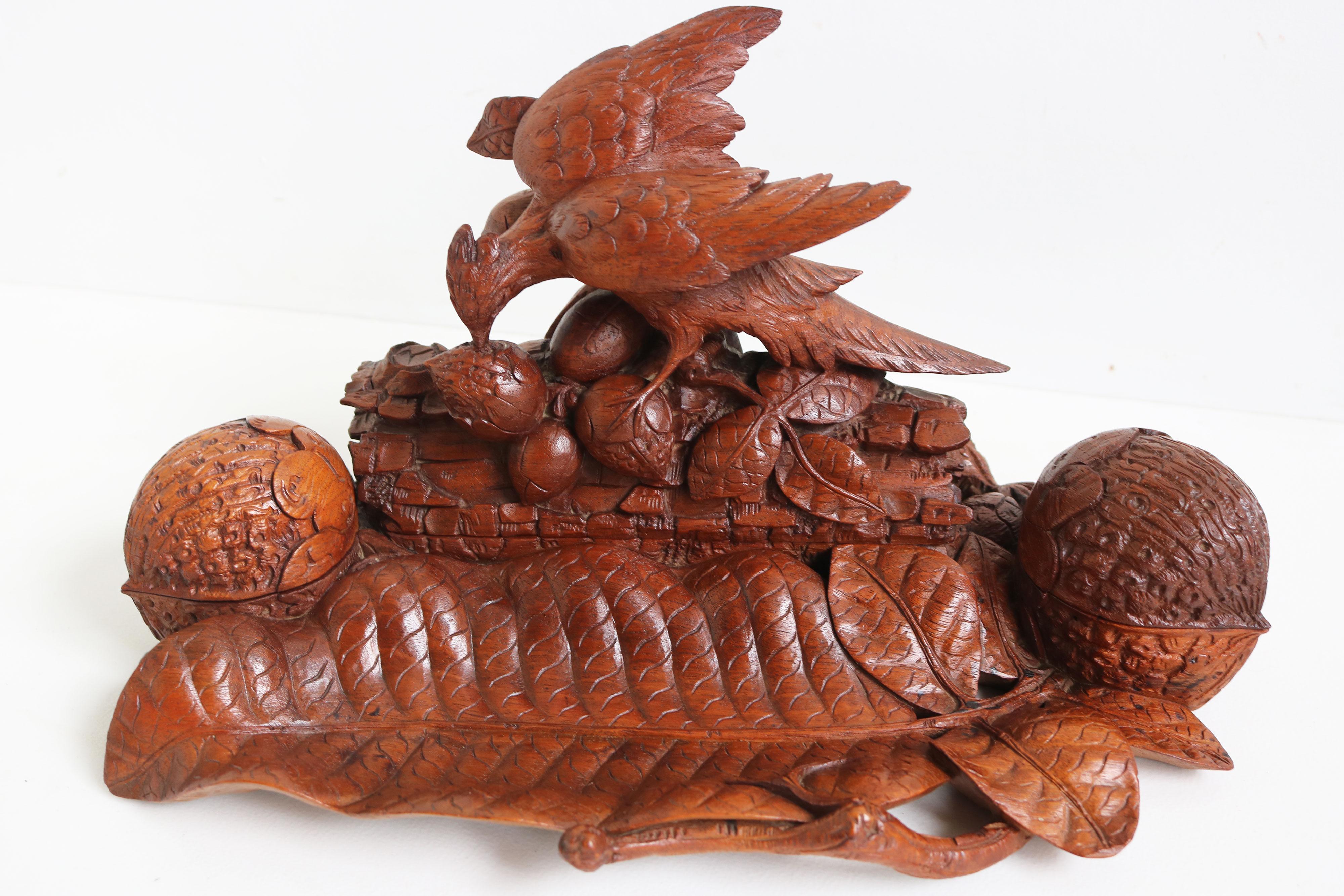 Hand-Carved Large Exceptional Swiss Black Forest double inkwell desk decoration 19th Century For Sale