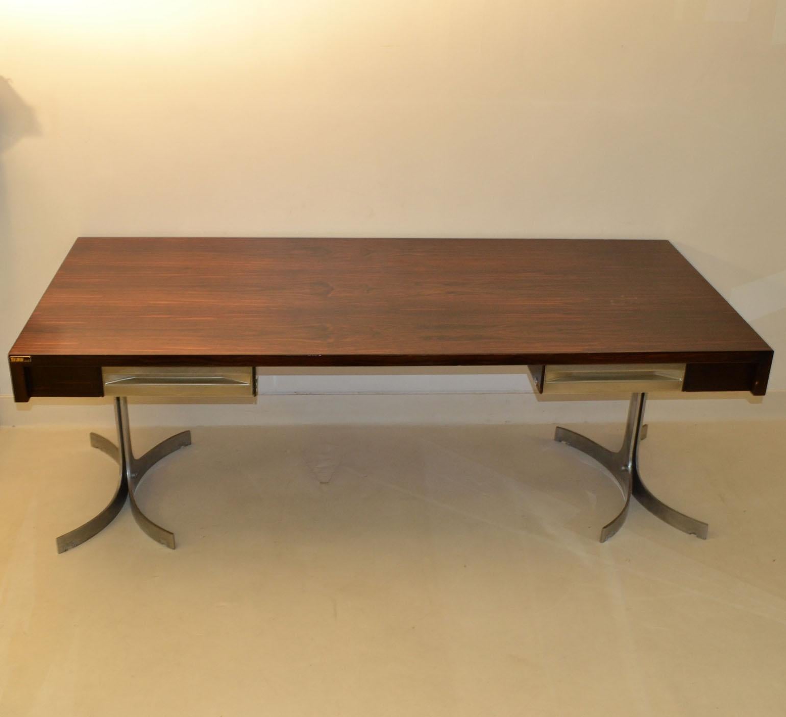 Large Executive Desk by Trau, Italian 1960s, Wooden Top on Curved Metal Legs 1
