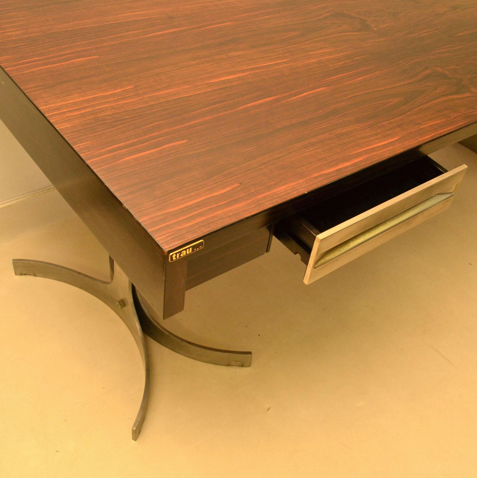 Large Executive Desk by Trau, Italian 1960s, Wooden Top on Curved Metal Legs 2