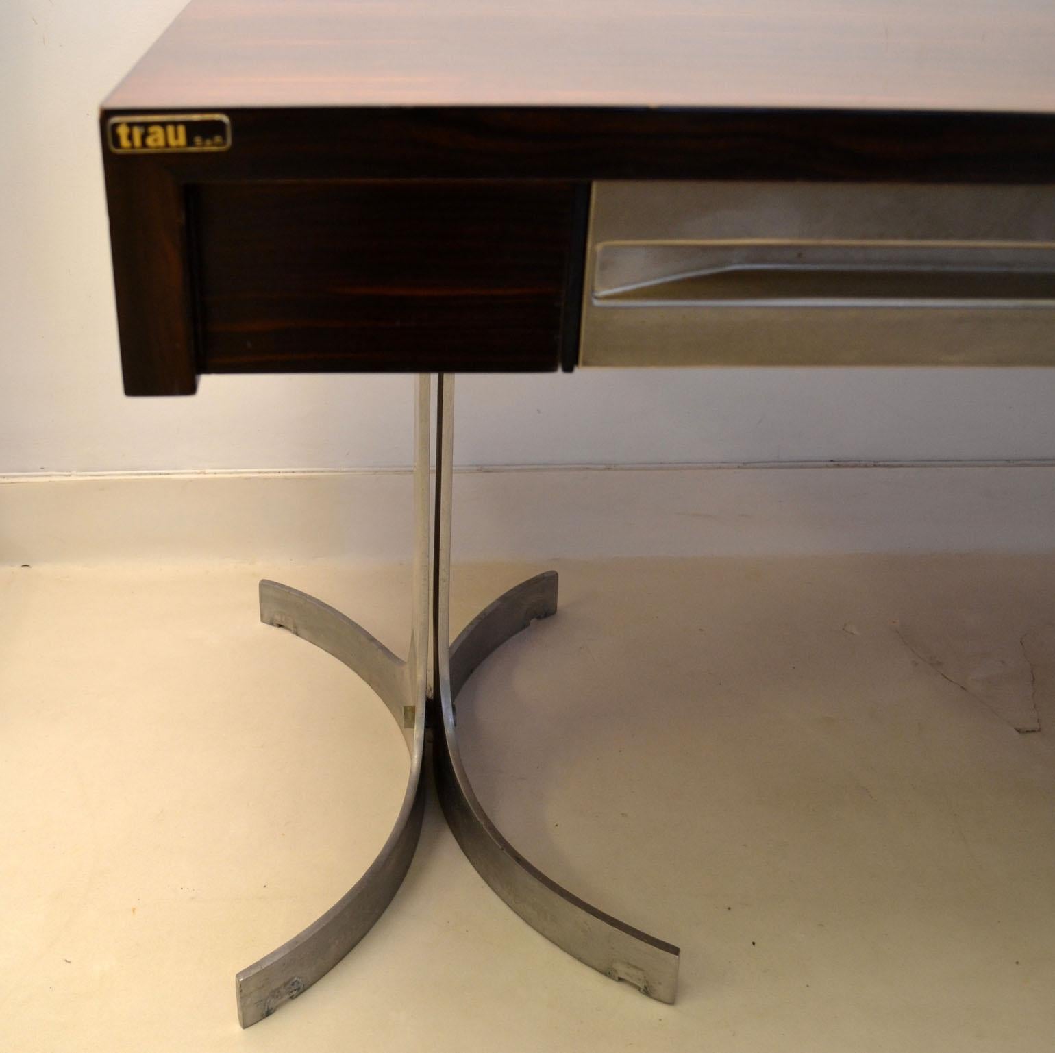 Mid-Century Modern Large Executive Desk by Trau, Italian 1960s, Wooden Top on Curved Metal Legs