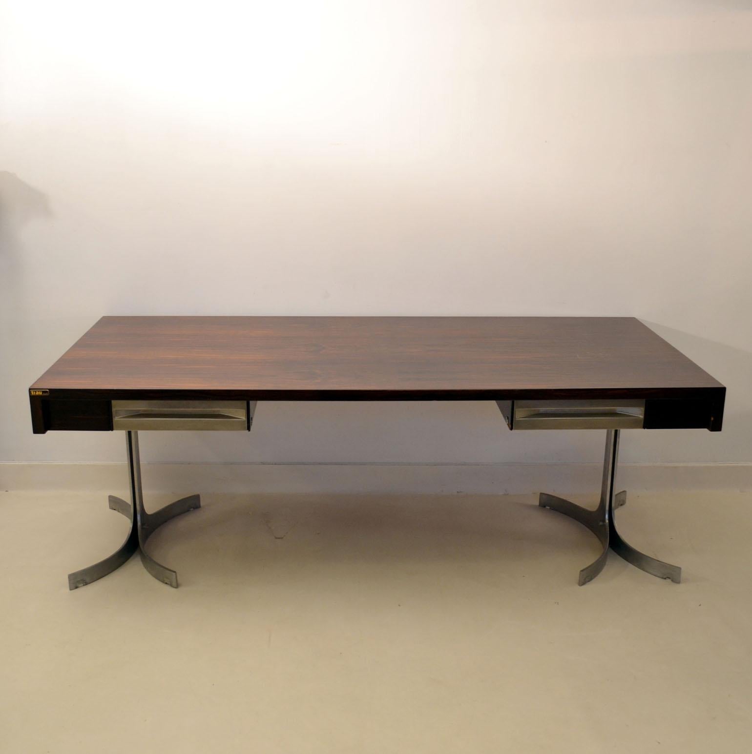 Aluminum Large Executive Desk by Trau, Italian 1960s, Wooden Top on Curved Metal Legs