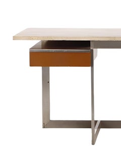 Large Executive Desk with Travertine Top and Steel Base. France, 1970's.