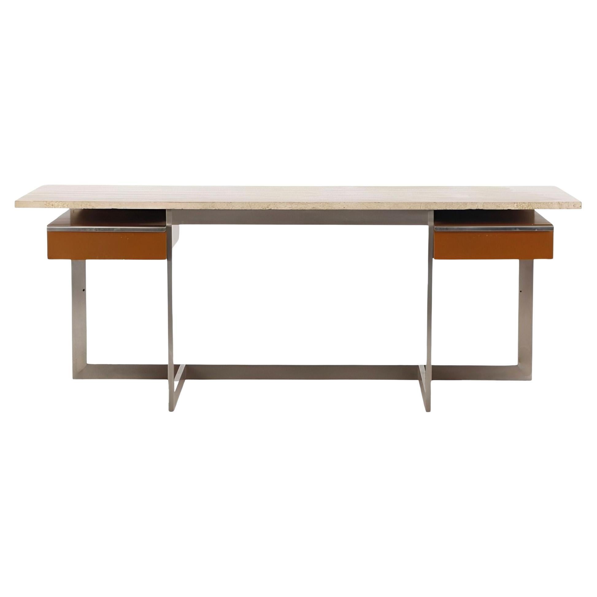 Escritorio ejecutivo grande con tablero de travertino y base de acero. Francia, años 70. en venta