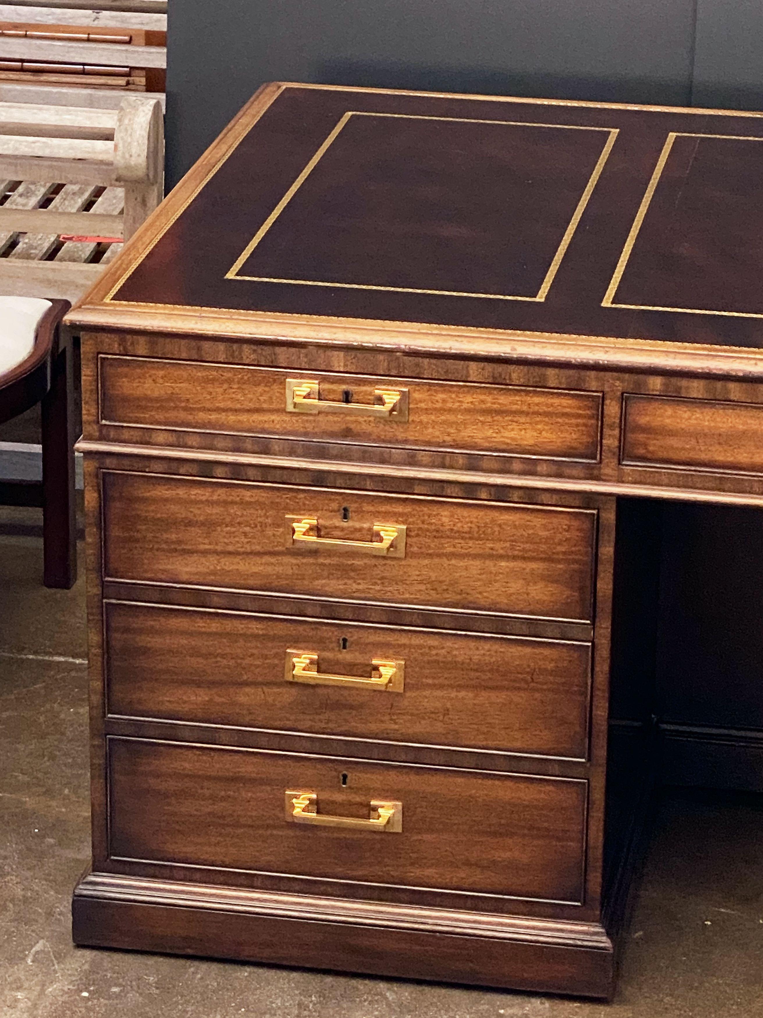 Large Executive Partners Pedestal Desk with Embossed Leather Top by Kittinger In Good Condition In Austin, TX