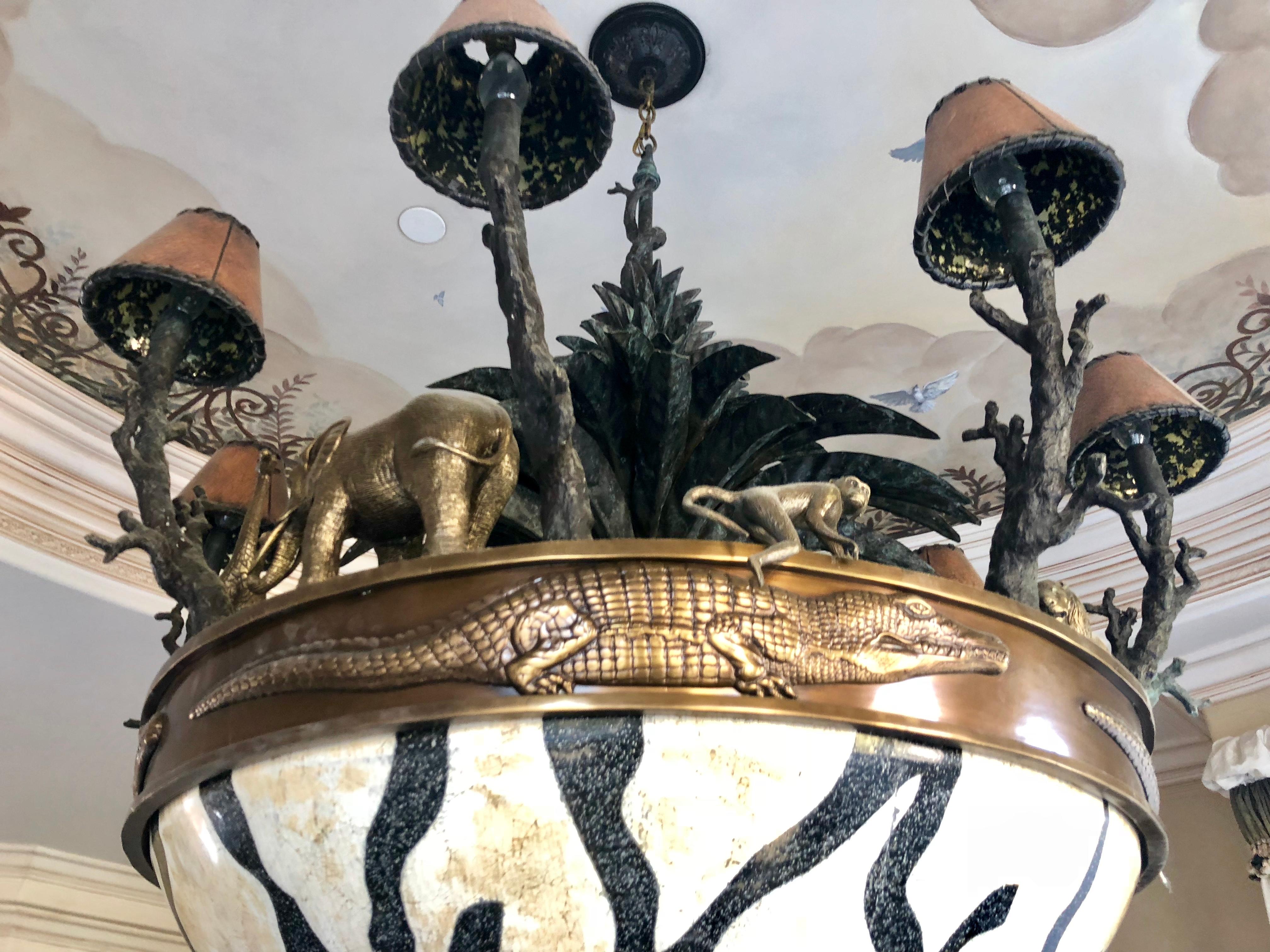 Other Large Exotic African Wildlife Chandelier Bronze and Verdigris Patinated Brass
