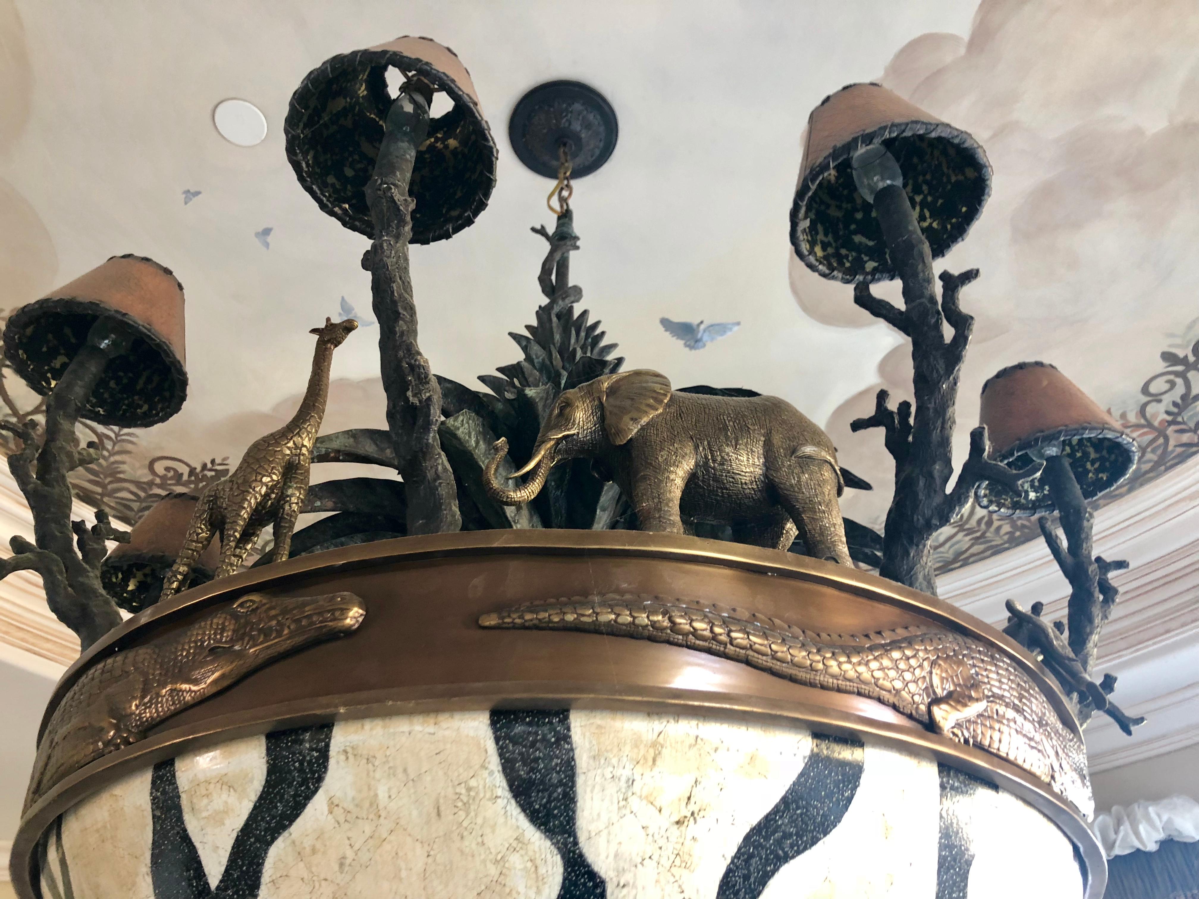 Unknown Large Exotic African Wildlife Chandelier Bronze and Verdigris Patinated Brass