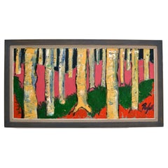 Large Expressionist Colorful Birch Tree Landscape Painting by Rafael 1980's