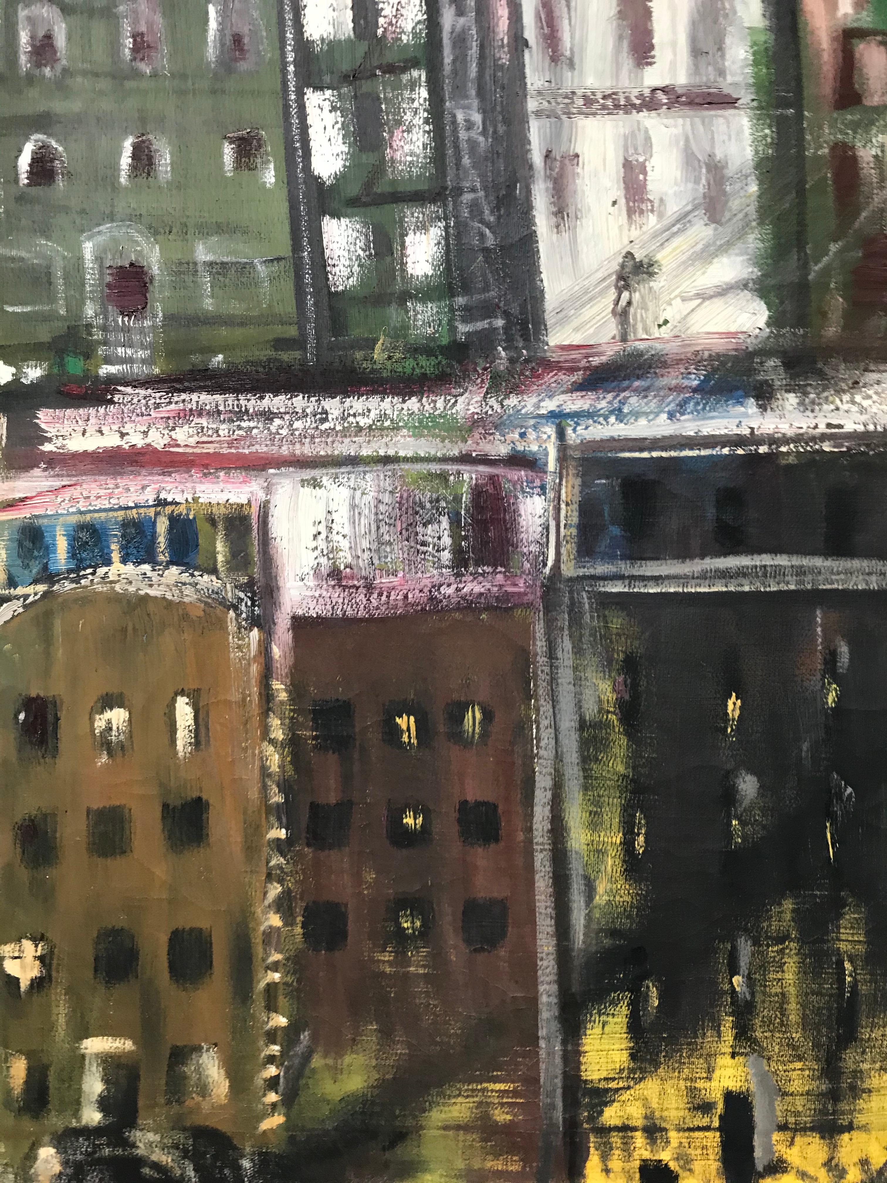 Excellent large modernist cityscape painting that I believe is by Sonia Chaitin - an obscure listed artist. Oil on canvas. Signed 1959. One small puncture - hard to see - photographed. Excellent size, color and subjects. I especially love the small