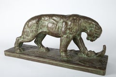 Large Expressive French Art Déco Sculpture Panther with Cobra by Felix Guis