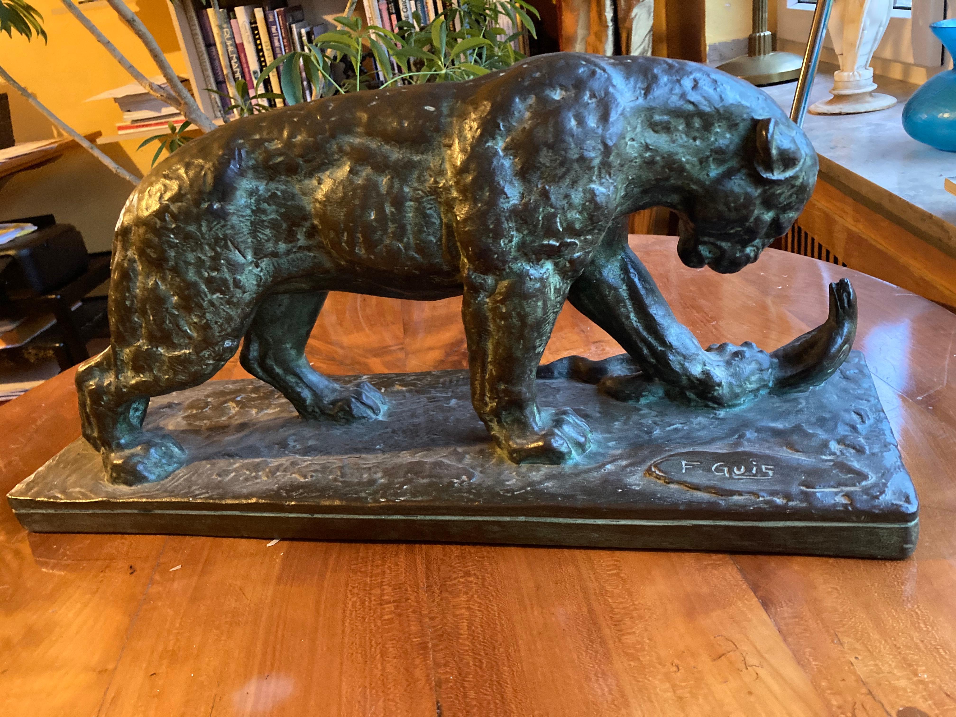 Large Expressive French Art Déco Sculpture Panther with Cobra by Felix Guis For Sale 1