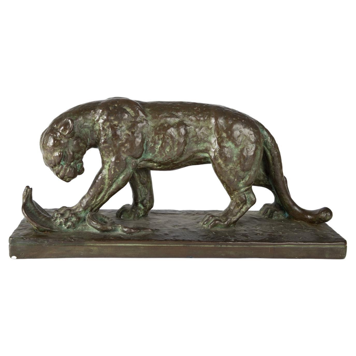Large Expressive French Art Déco Sculpture Panther with Cobra by Felix Guis For Sale