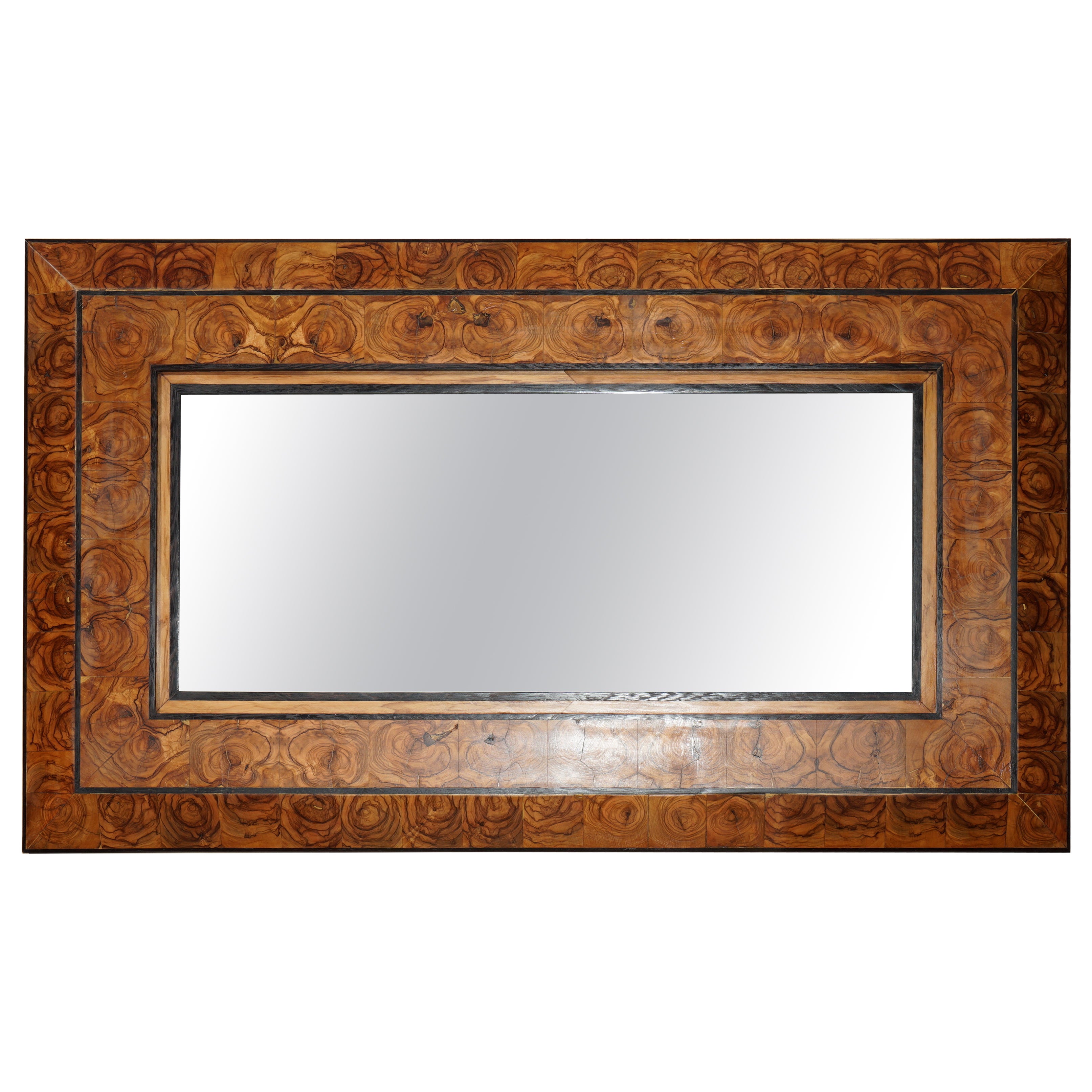 Large CUSHION FRAMÉE OYSTER LABURNUM WOOD WALL MIRROR SUBLiME PATINA