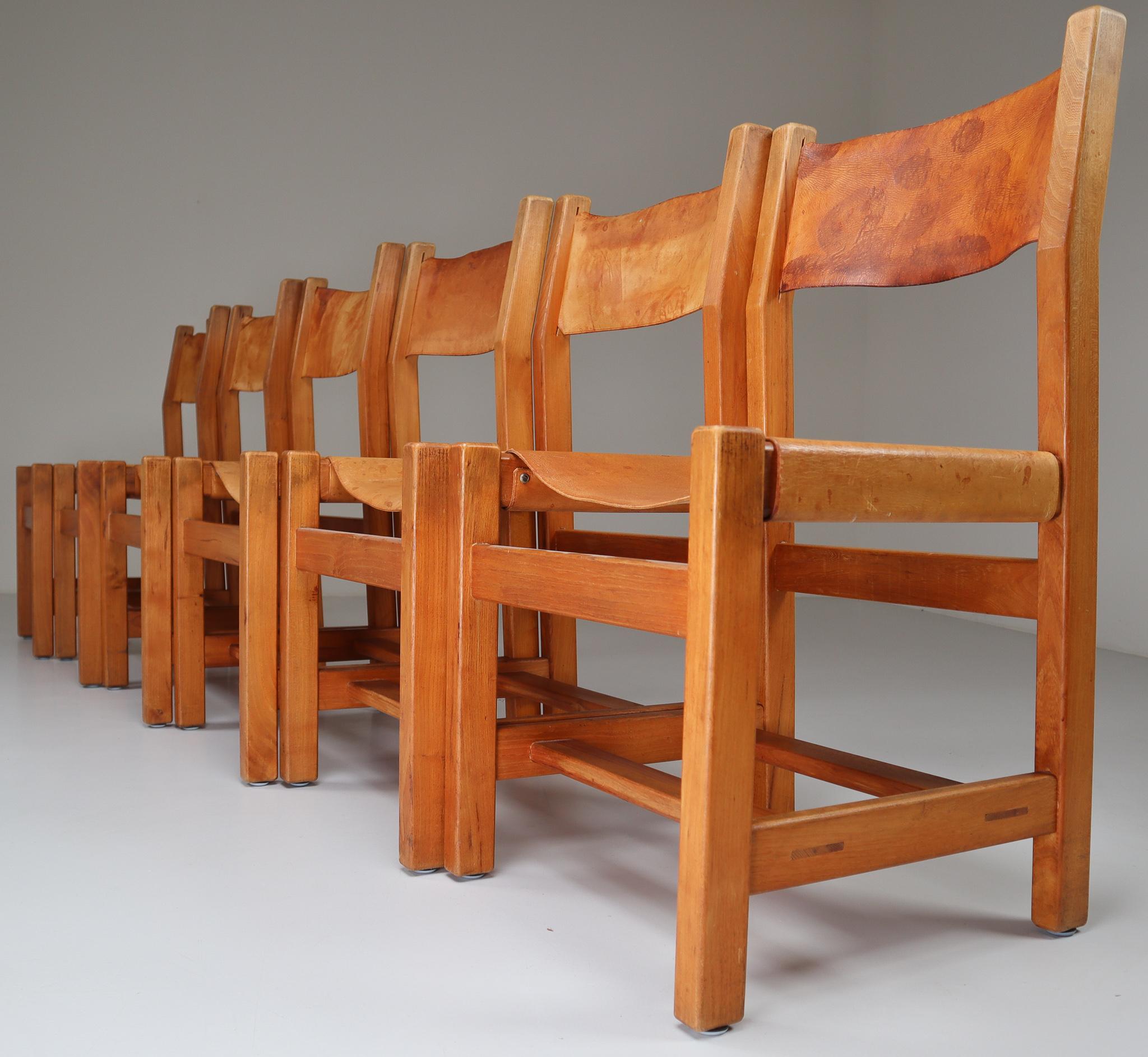 Large Extendable Table and Six Chairs in Elm & Cognac Leather, France, 1960 6