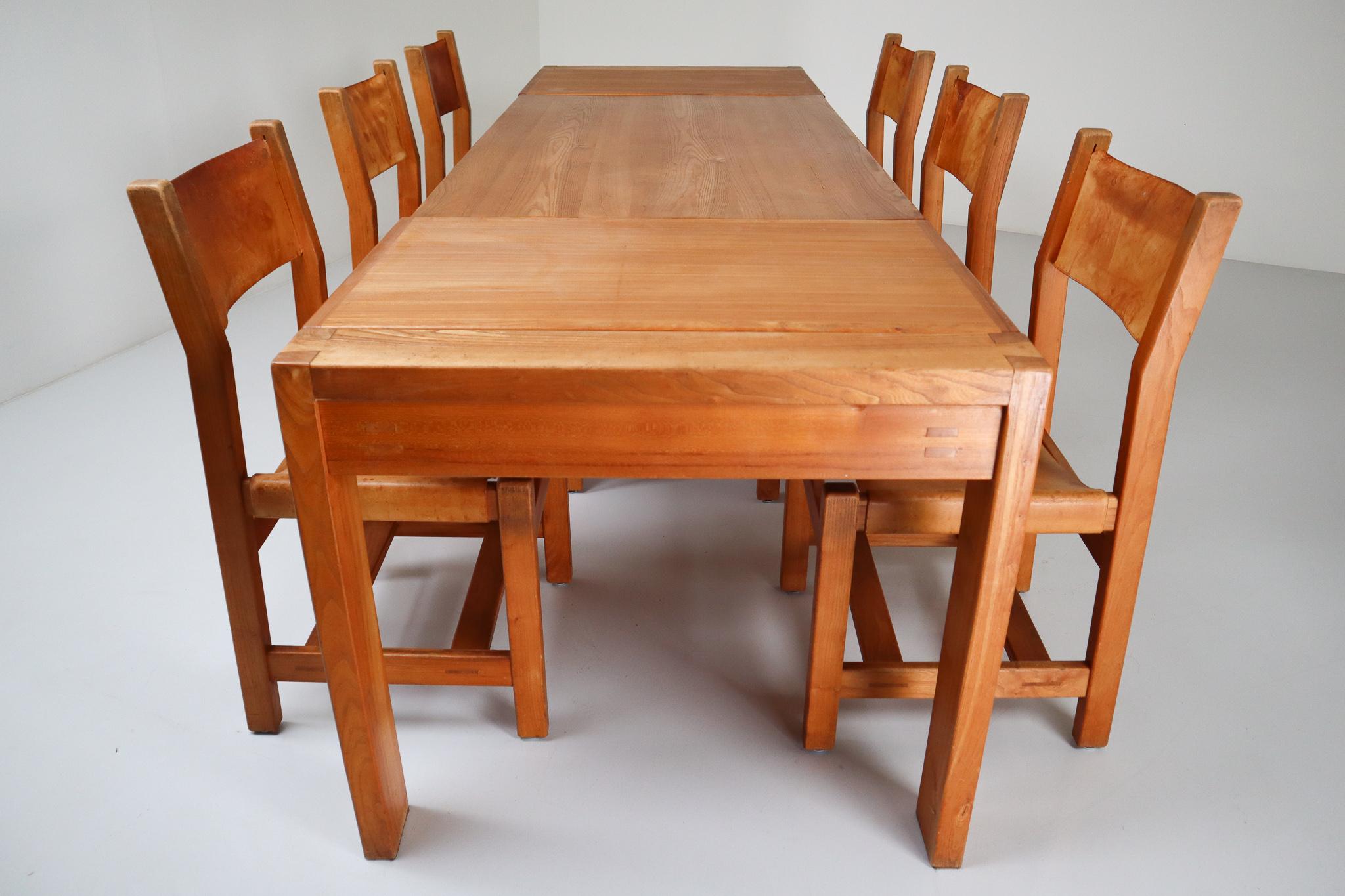 French Large Extendable Table and Six Chairs in Elm & Cognac Leather, France, 1960