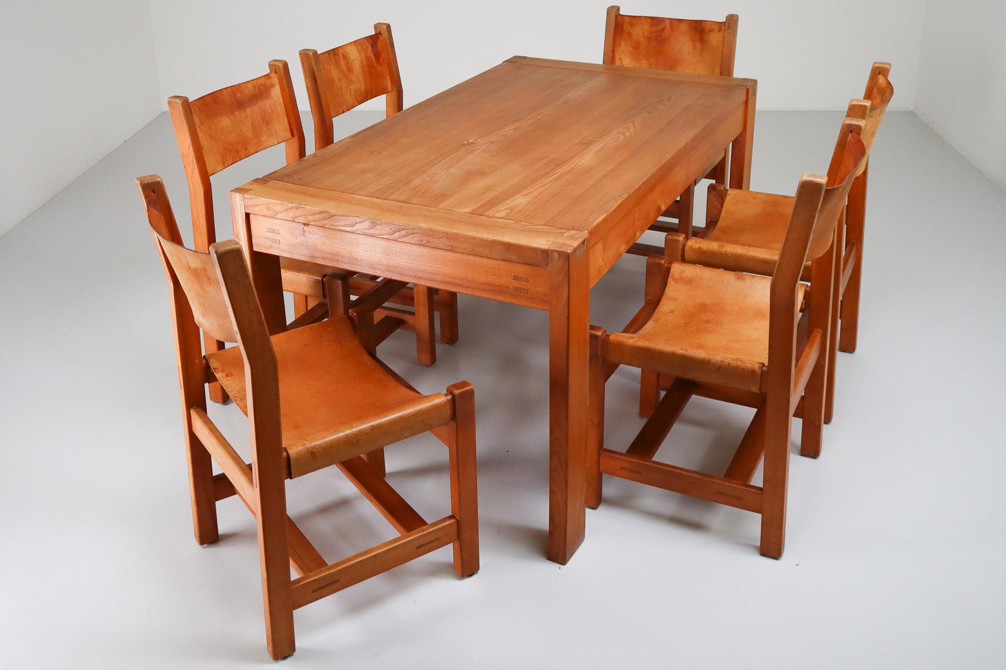 Large Extendable Table and Six Chairs in Elm & Cognac Leather, France, 1960 1