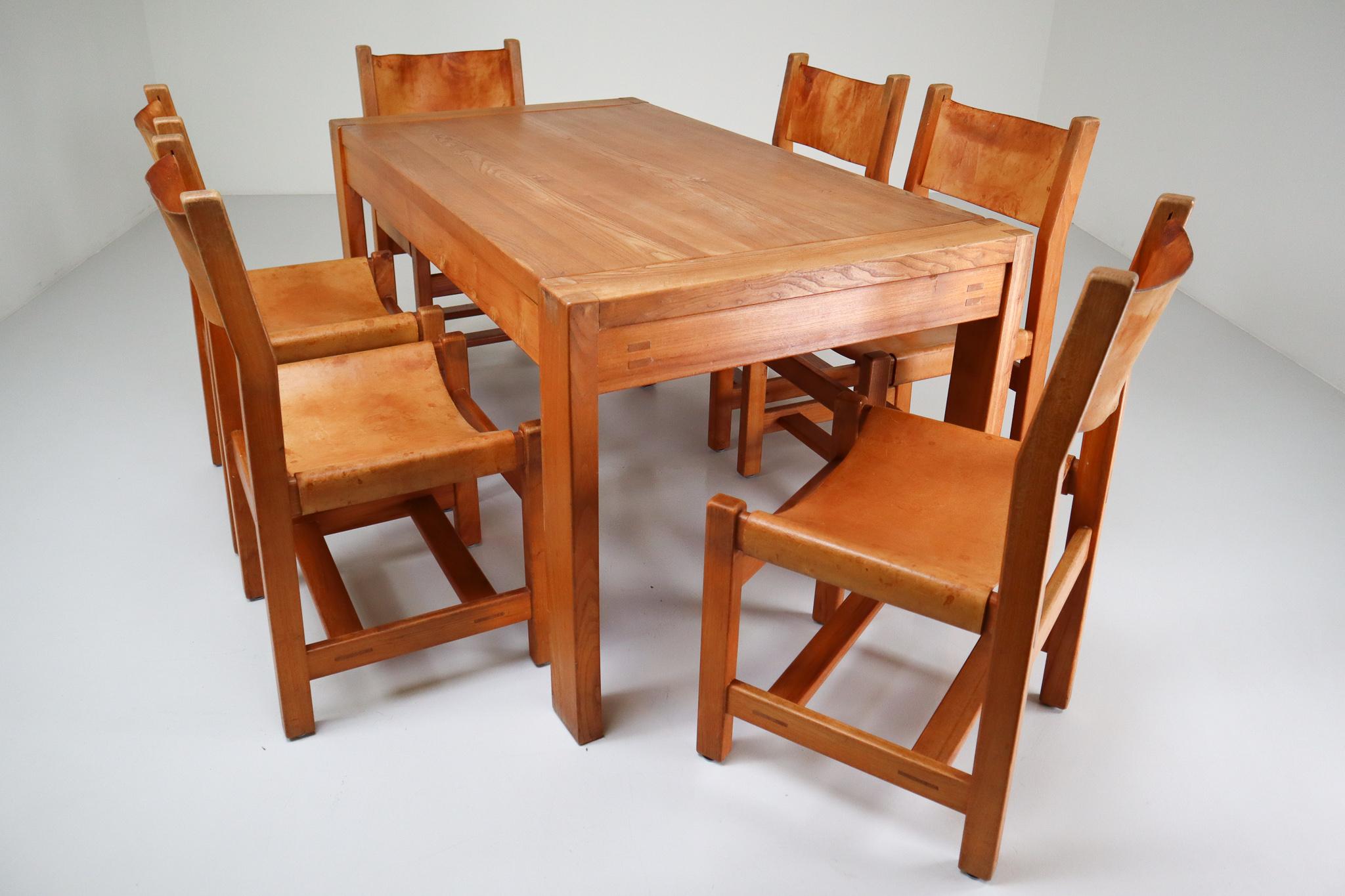 Large Extendable Table and Six Chairs in Elm & Cognac Leather, France, 1960 3