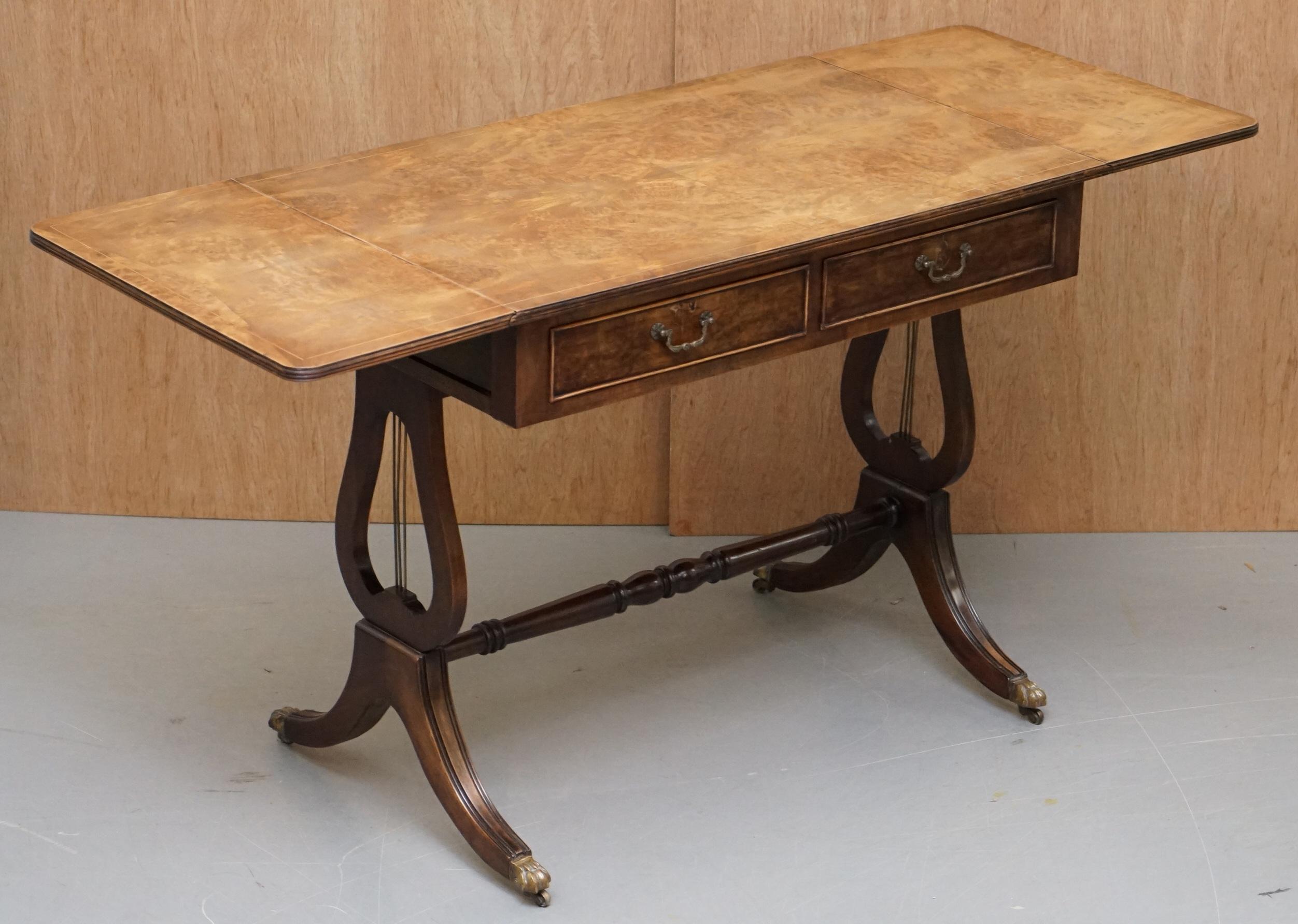 Large Extending Occasional Games Table in Burr Walnut Lion Paw Castors + Drawers For Sale 10