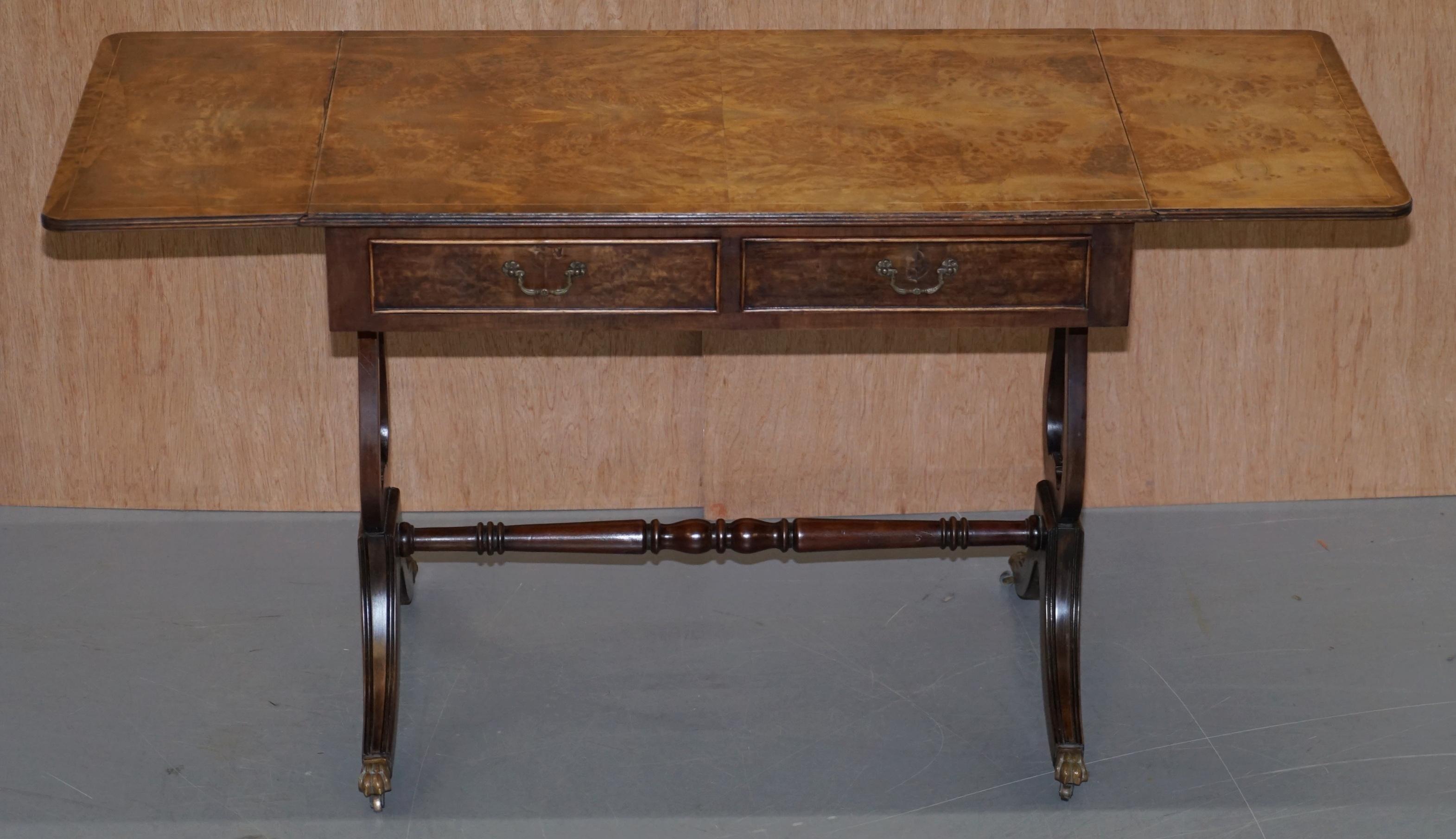 Large Extending Occasional Games Table in Burr Walnut Lion Paw Castors + Drawers For Sale 11