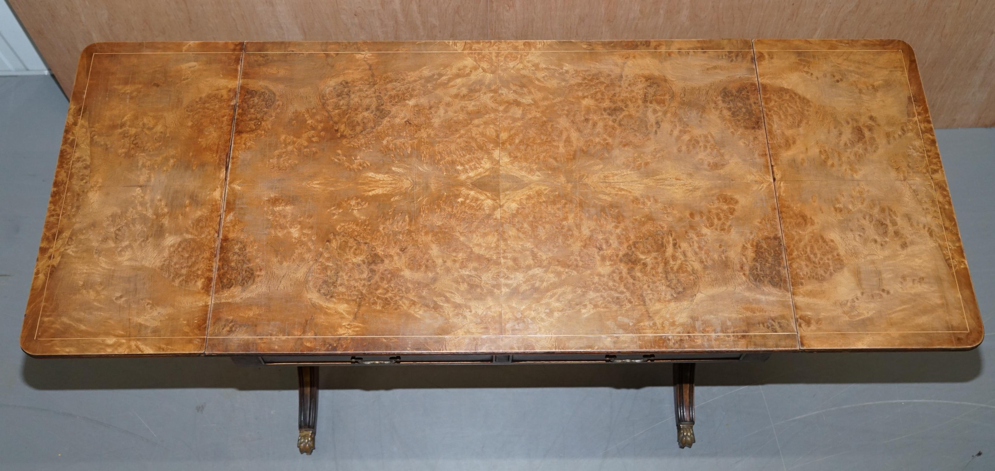 Large Extending Occasional Games Table in Burr Walnut Lion Paw Castors + Drawers For Sale 12