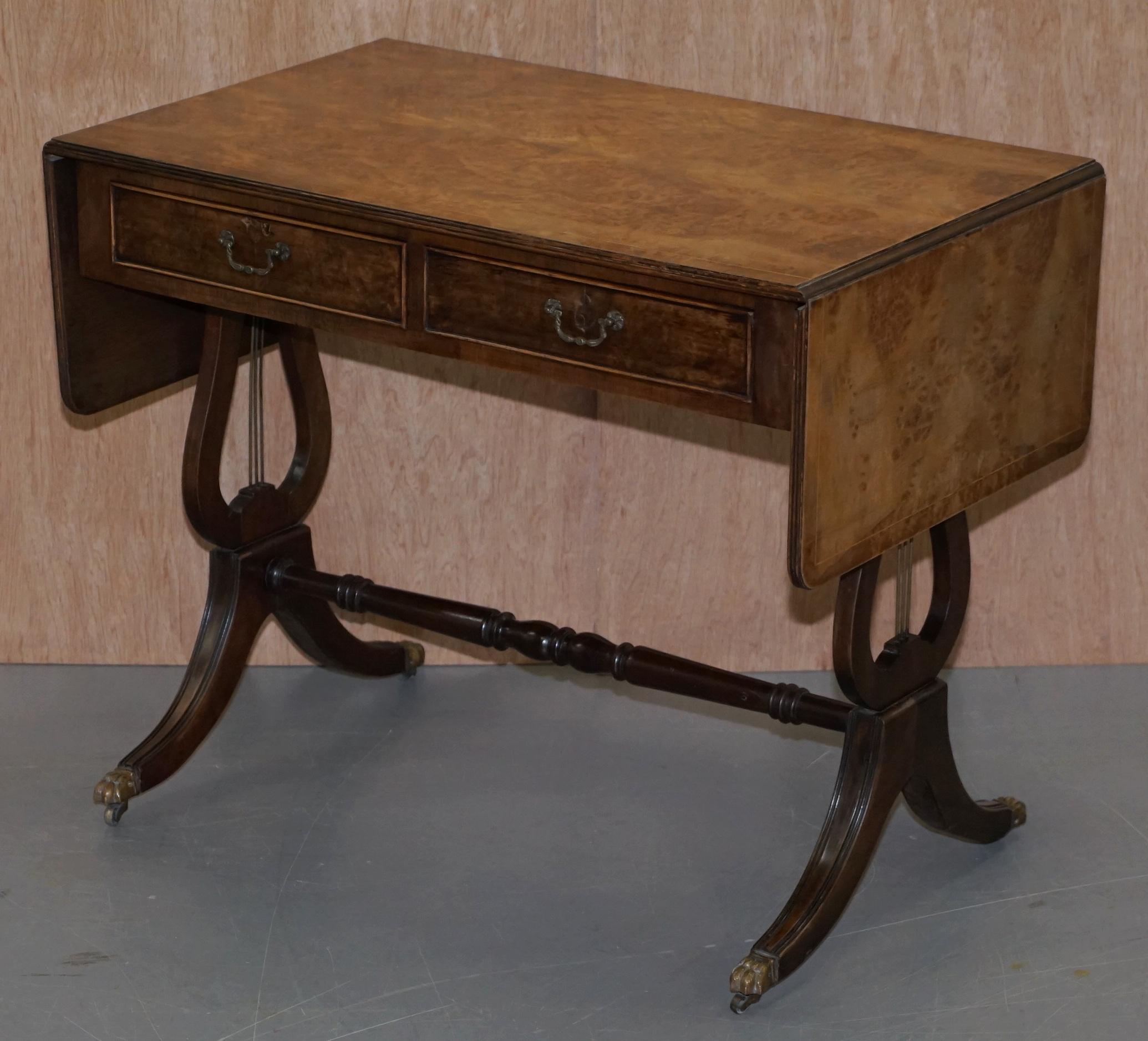 Regency Large Extending Occasional Games Table in Burr Walnut Lion Paw Castors + Drawers For Sale
