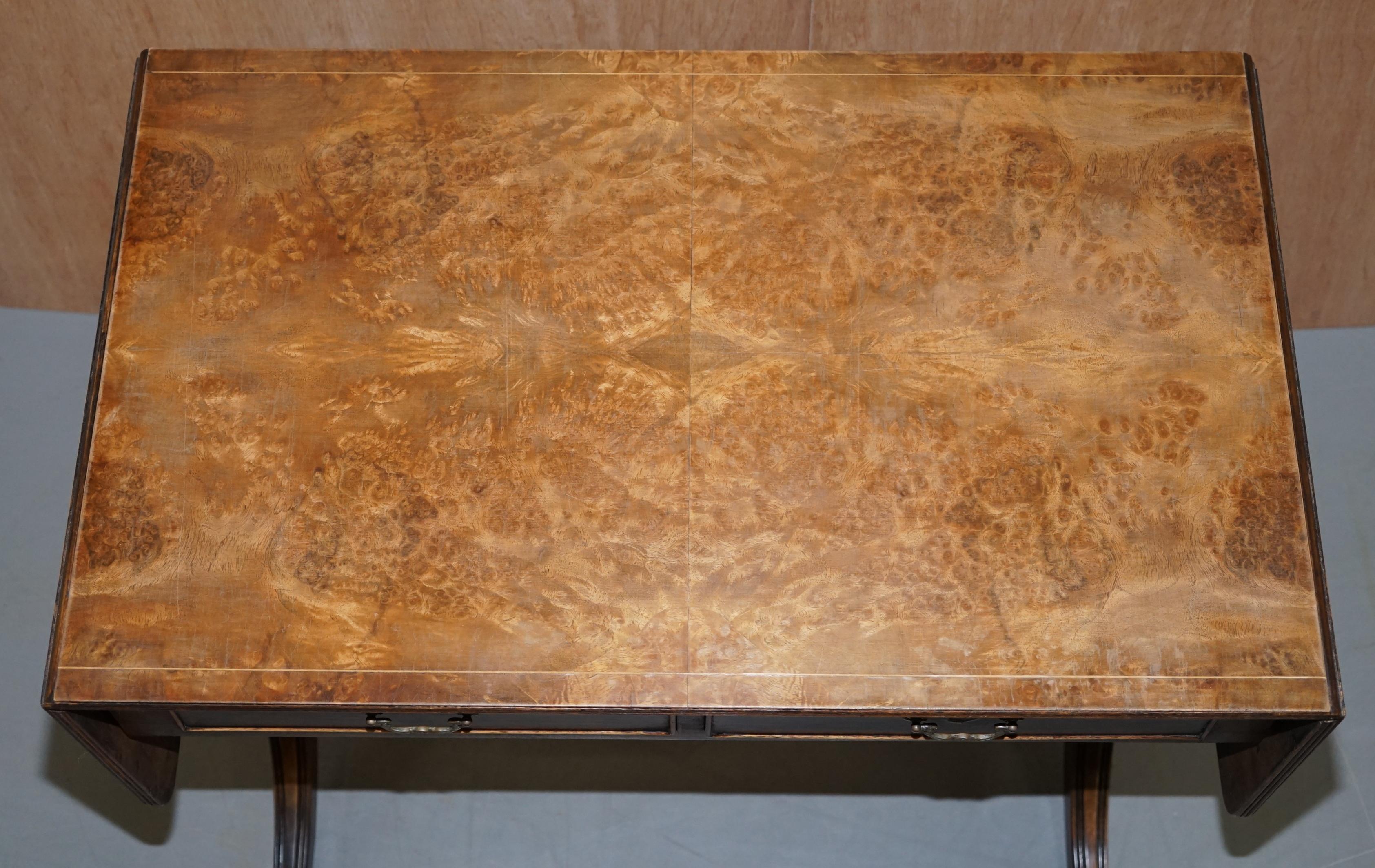 English Large Extending Occasional Games Table in Burr Walnut Lion Paw Castors + Drawers For Sale