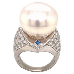 Large Extra Platinum 18mm Pearl Diamond & Sapphire Cocktail Ring - Size 8