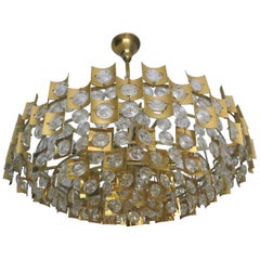 Large & Extraordinary Midcentury Brutalist Gilt Brass & Crystal Chandelier 1960s