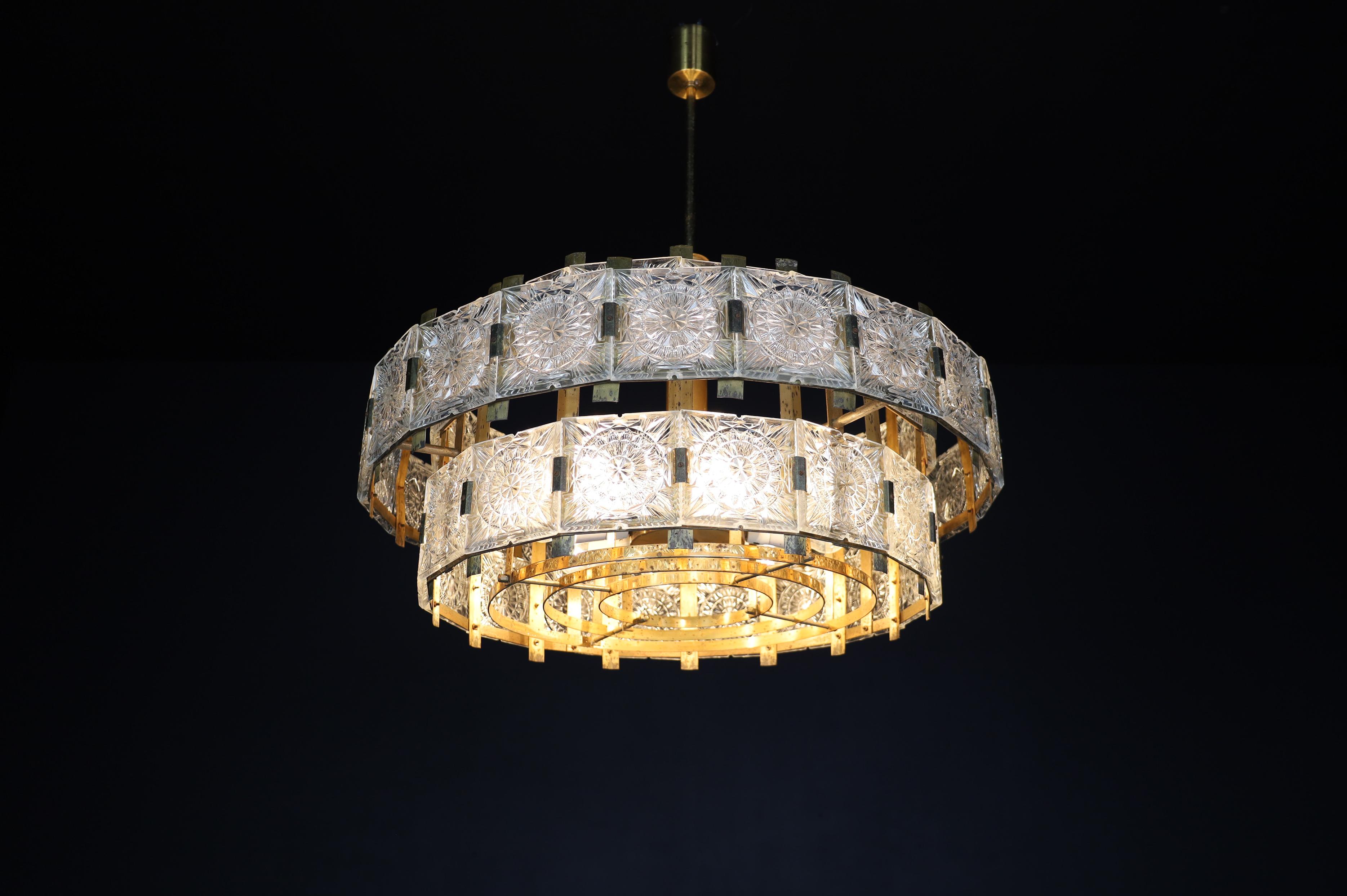 20th Century Large Extravagant Chandelier with Patinated Brass Fixture, Praque, 1960s For Sale