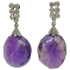 Large Faceted Amethyst and Diamond Drop Earrings