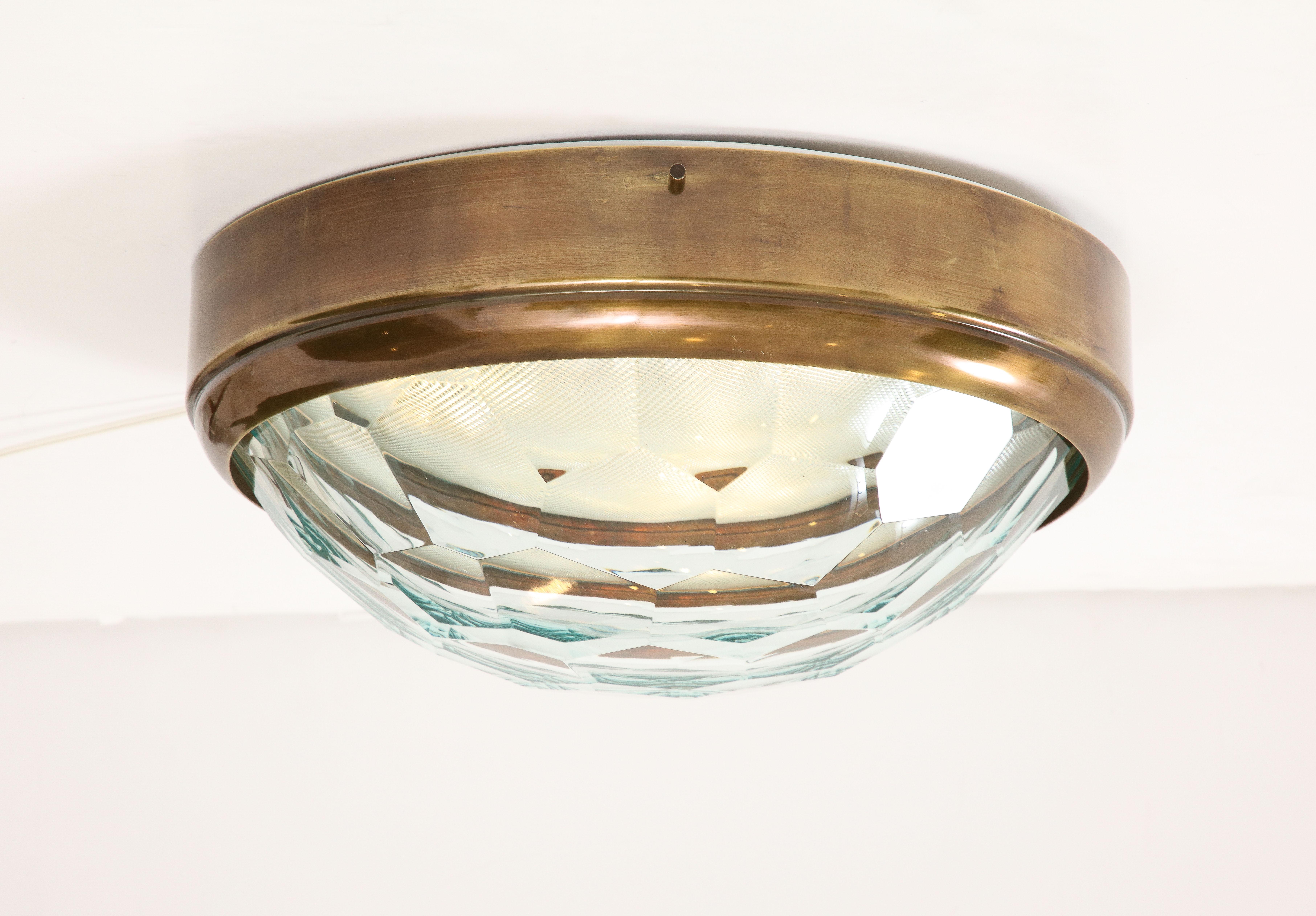 Mid-Century Modern Large Faceted Glass Flush Mount Ceiling Light in Style of Fontana Arte, 1960s For Sale