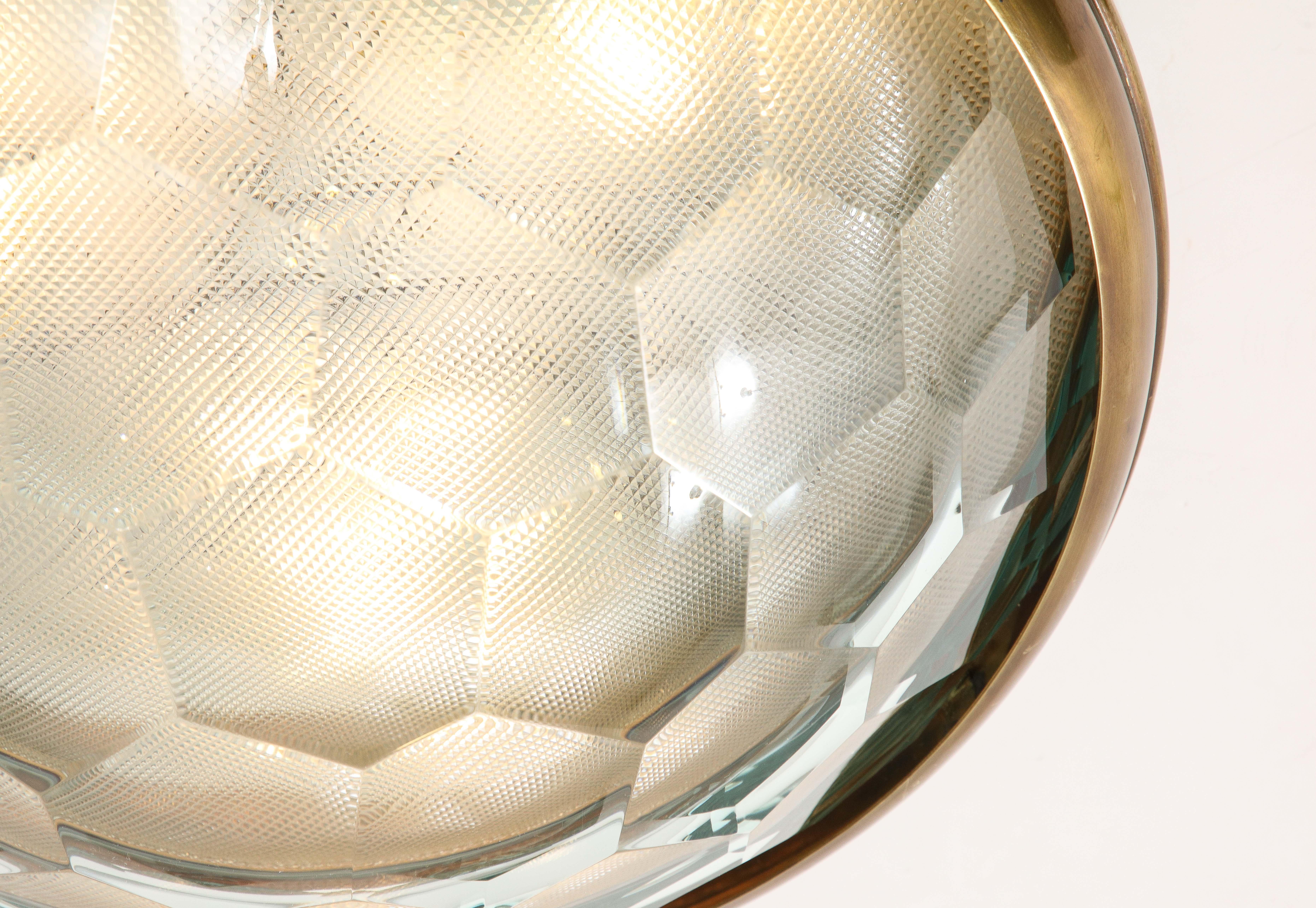 Large Faceted Glass Flush Mount Ceiling Light in Style of Fontana Arte, 1960s In Good Condition For Sale In New York, NY