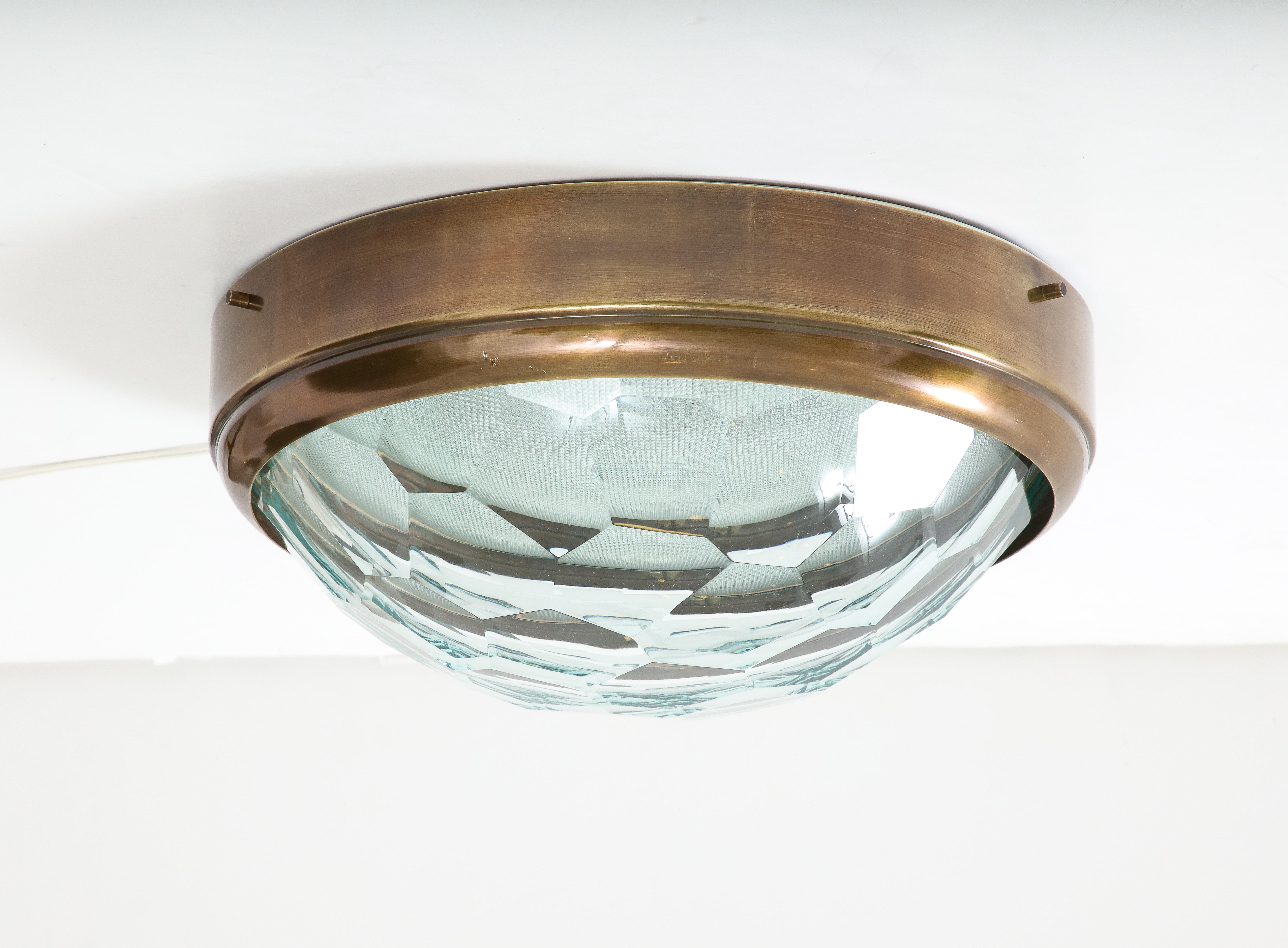 Brass Large Faceted Glass Flush Mount Ceiling Light in Style of Fontana Arte, 1960s For Sale