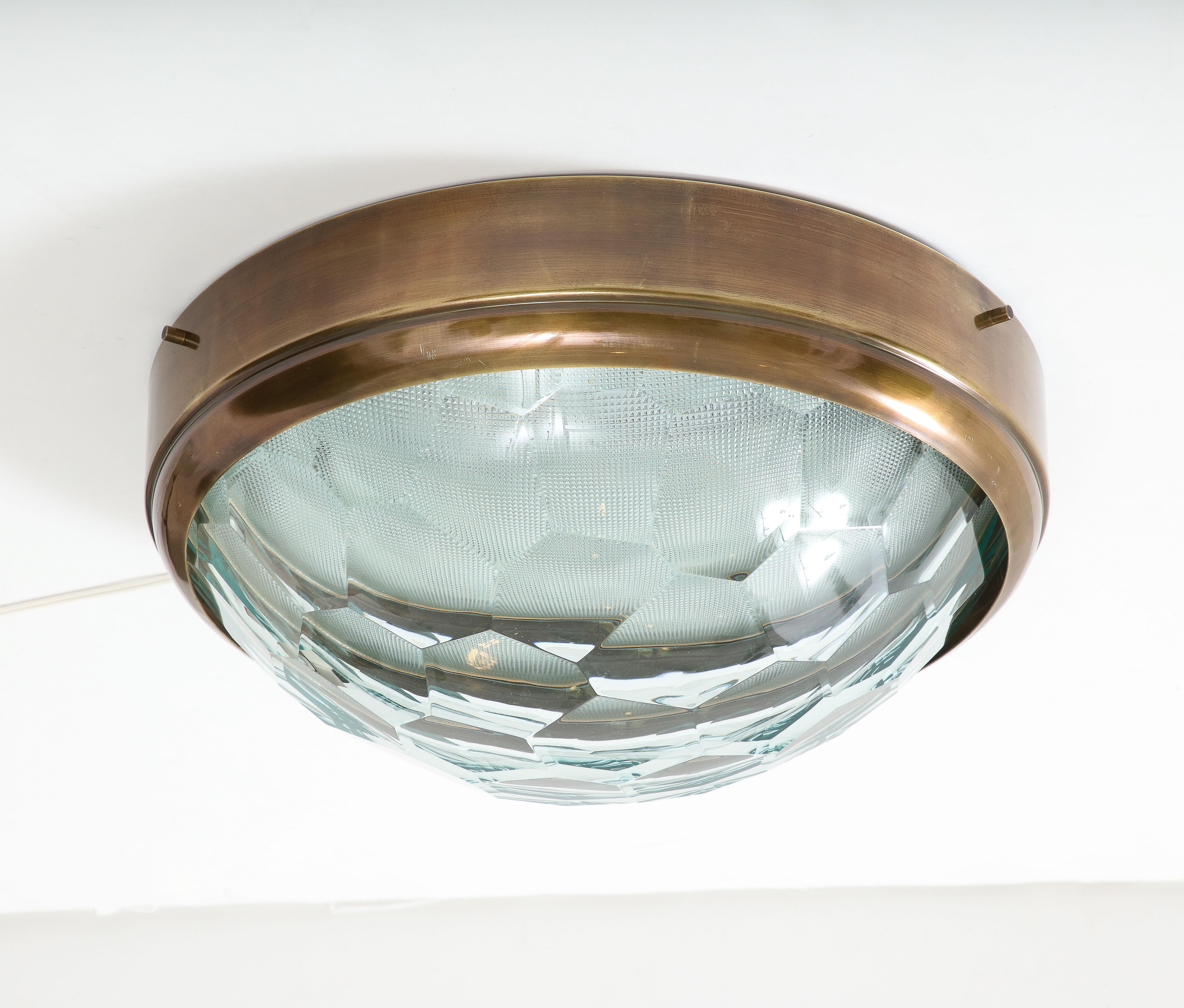 Large Faceted Glass Flush Mount Ceiling Light in Style of Fontana Arte, 1960s For Sale 1