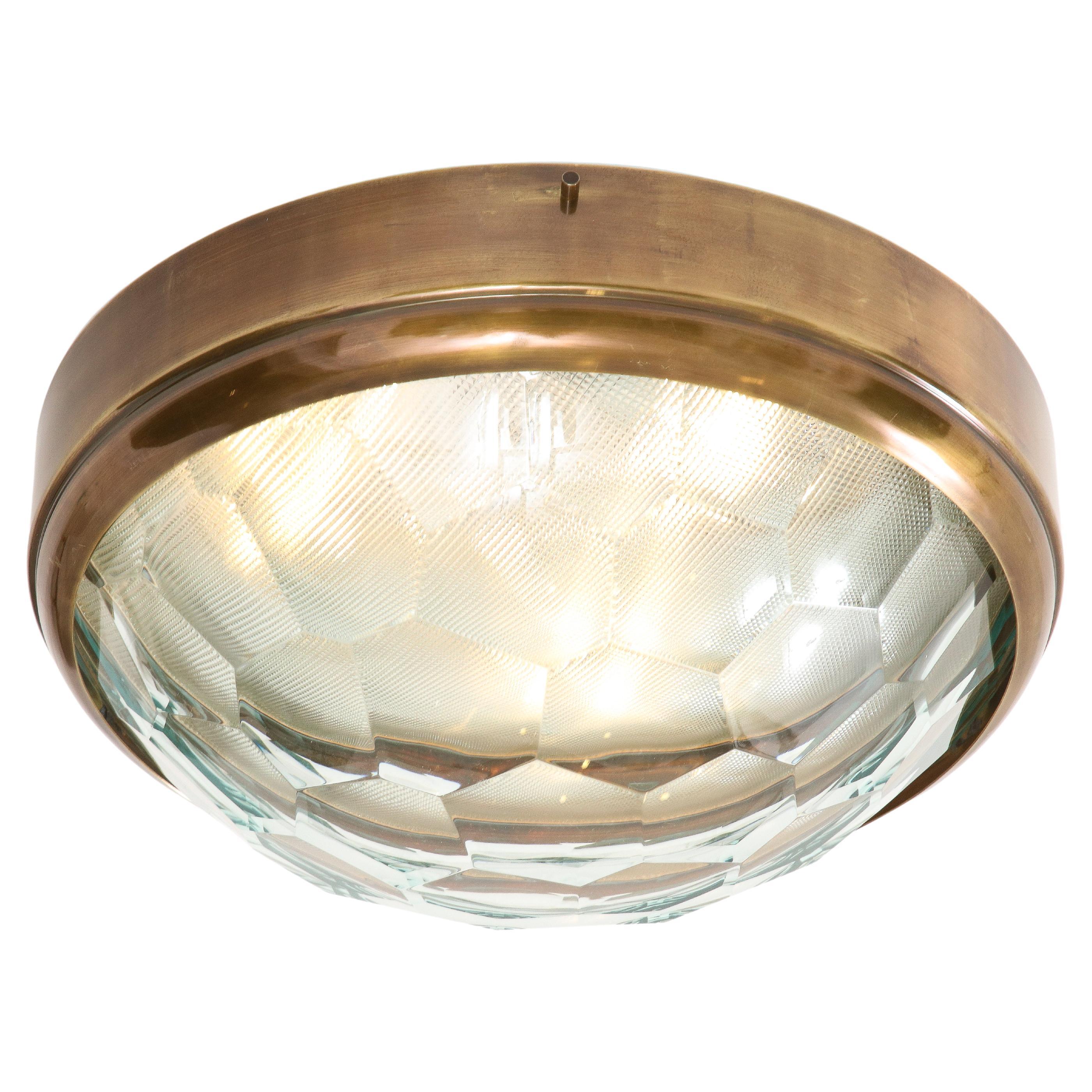 Large Faceted Glass Flush Mount Ceiling Light in Style of Fontana Arte, 1960s